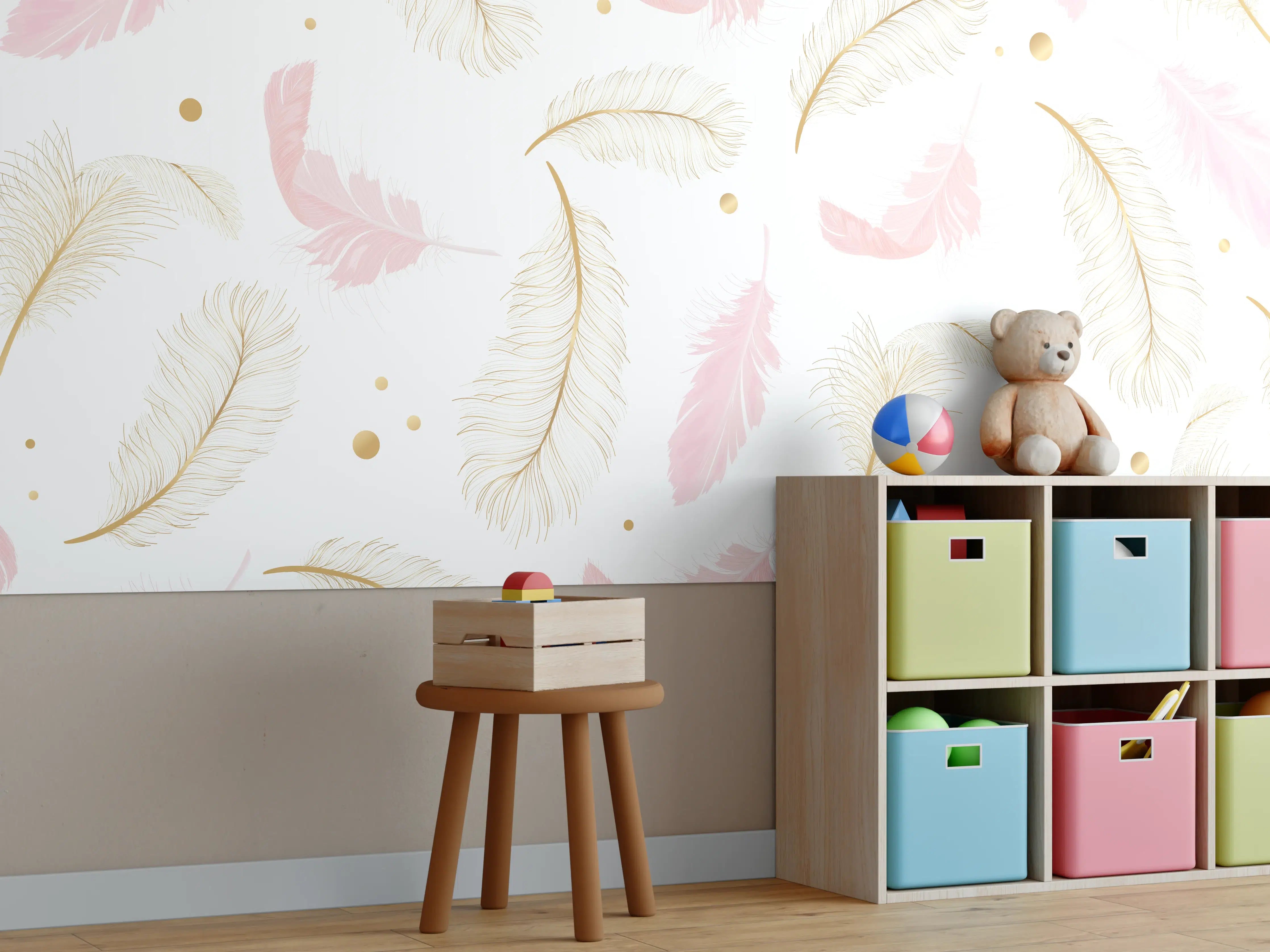 Kinderzimmer Wandgestaltung - Zarte Federn Goldpunkt Muster
