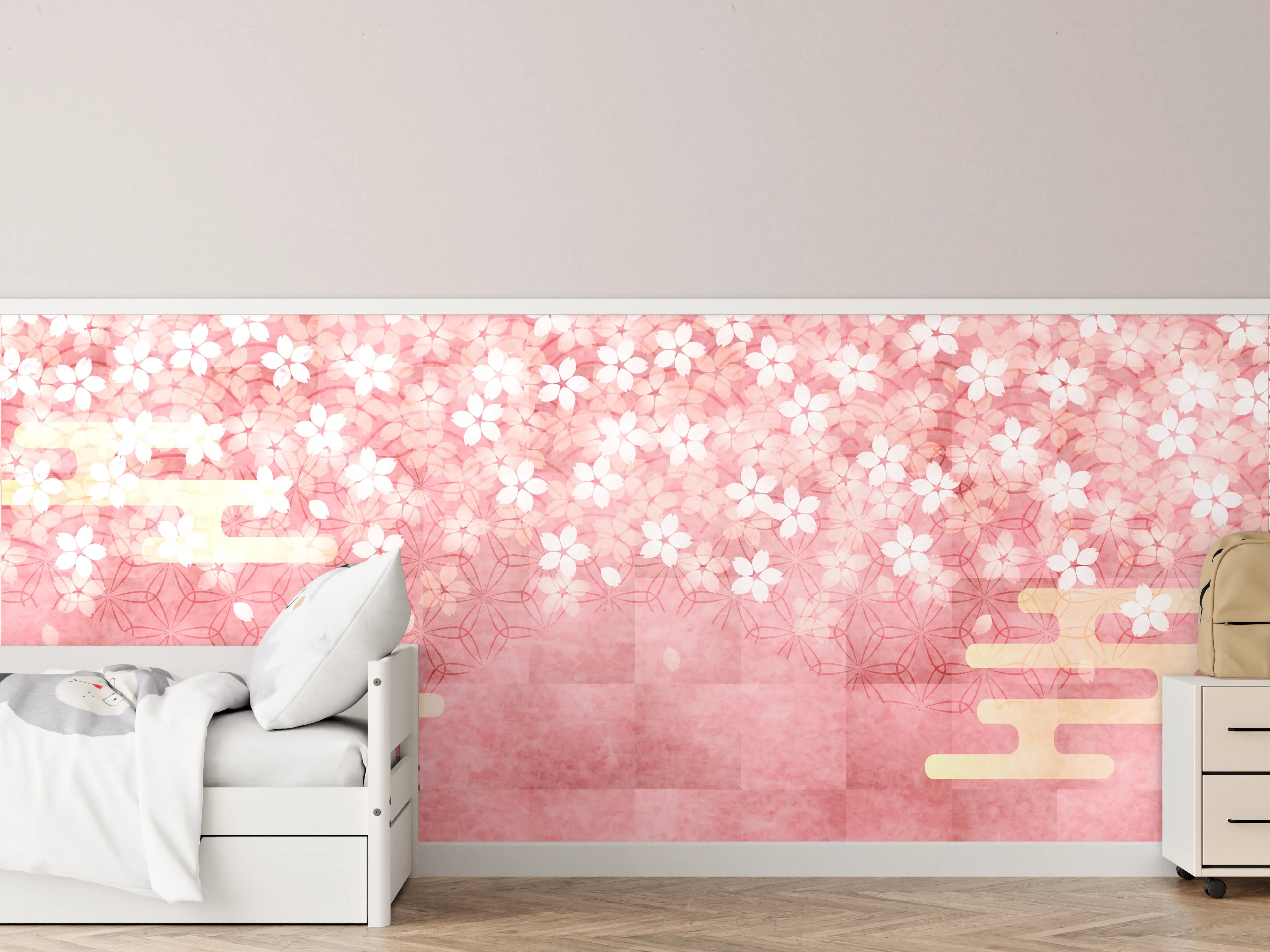 Kinderzimmer Wandgestaltung - Zarte Kirschblüten auf pinkem Hintergrund