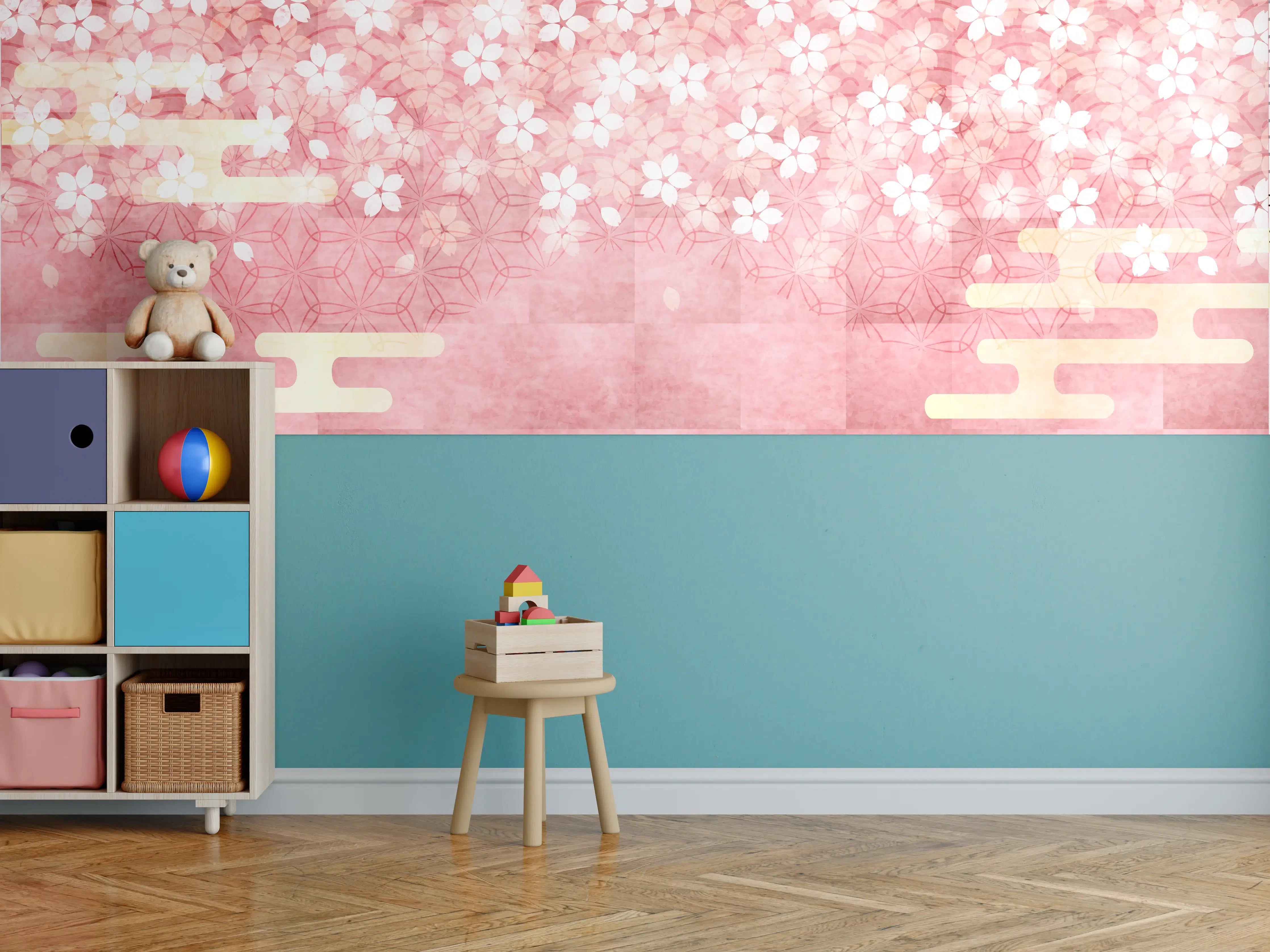 Kinderzimmer Wandgestaltung - Zarte Kirschblüten auf pinkem Hintergrund