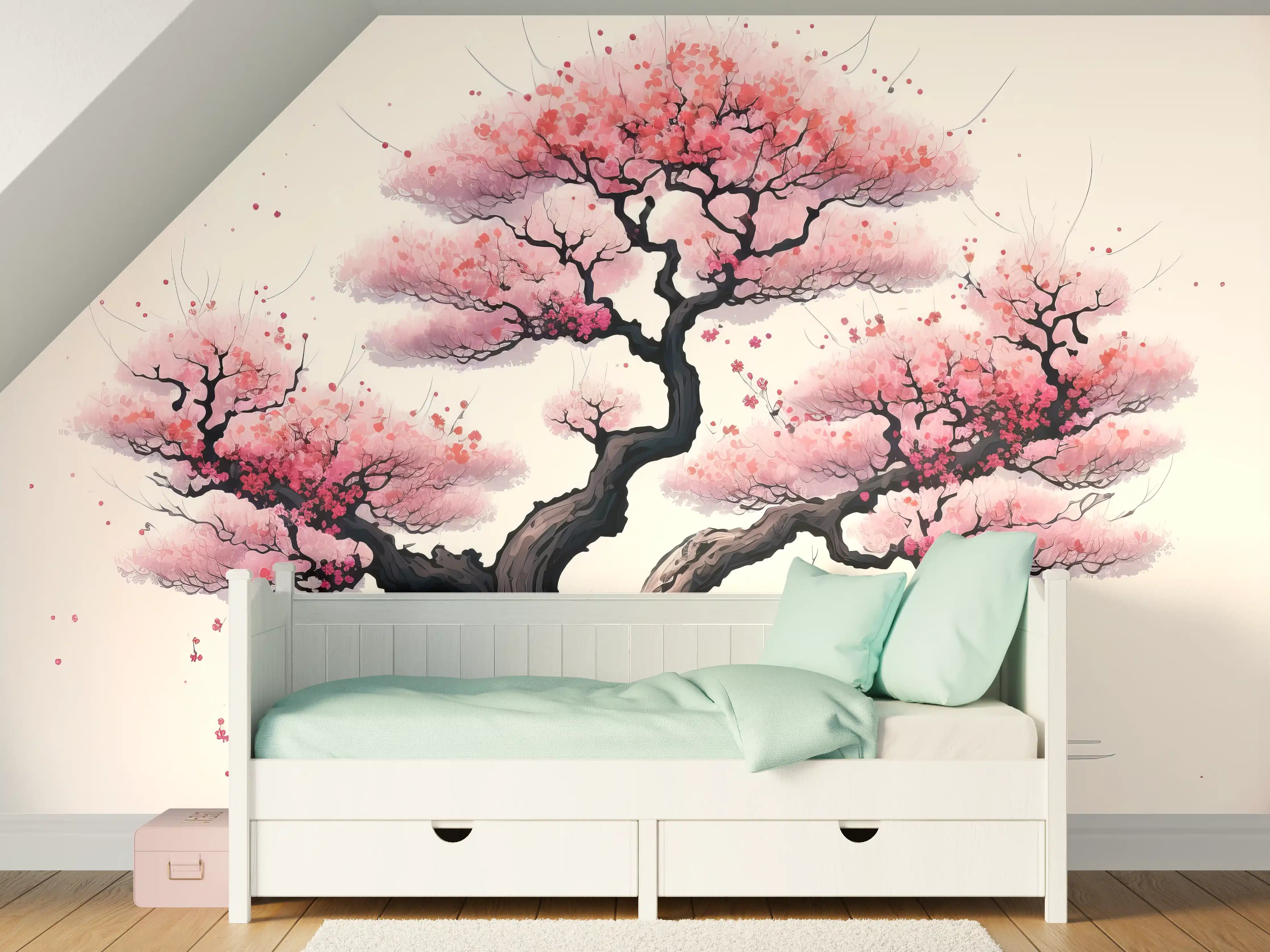 Kinderzimmer Wandgestaltung - Zarte Kirschblüten in Grauweiß: Aquarellmalerei