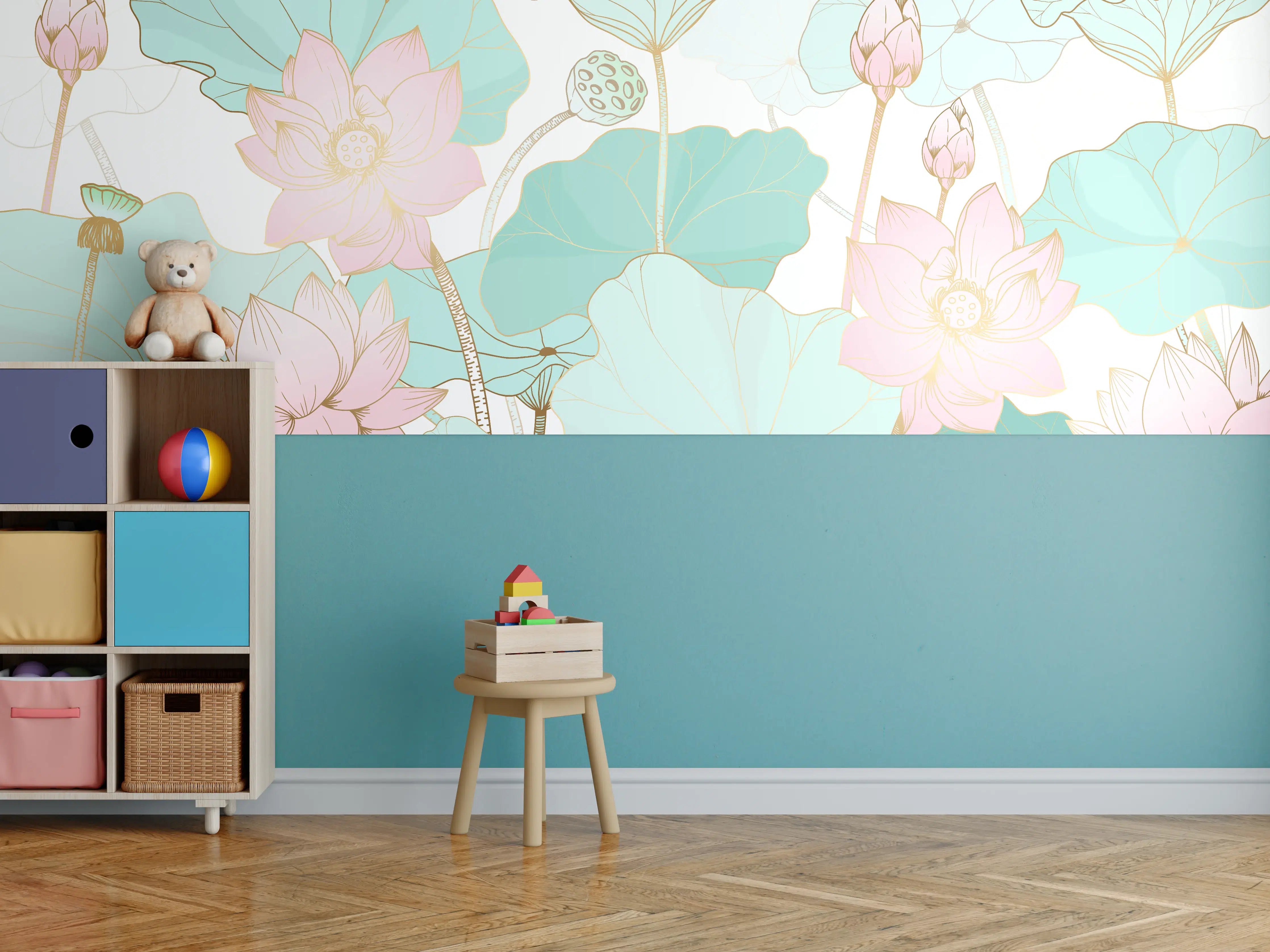 Kinderzimmer Wandgestaltung - Zarte Lotusblüten Pastellfarben