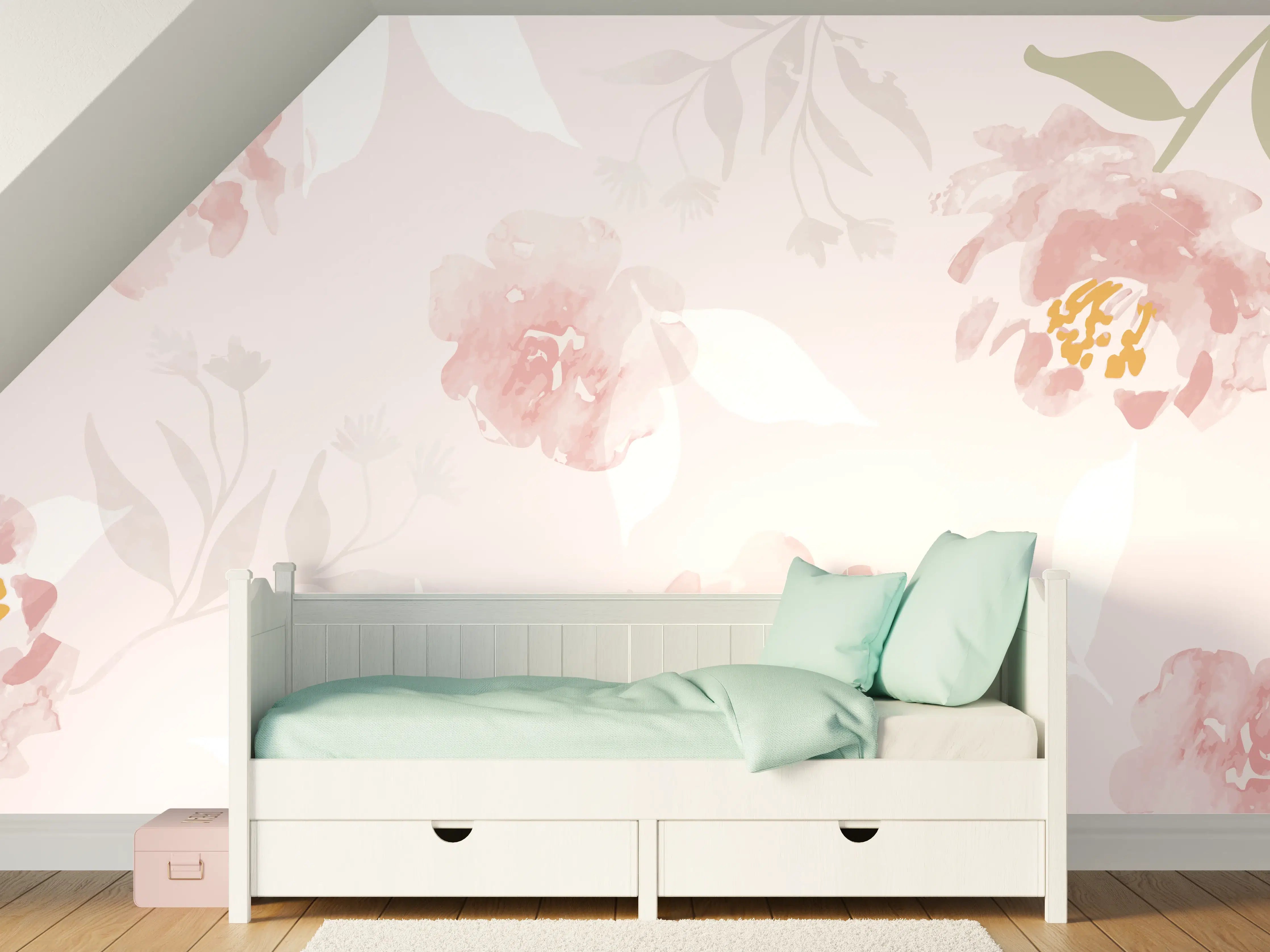 Kinderzimmer Wandgestaltung - Zarte Pastellblumen in Grau- und Weißnuancen