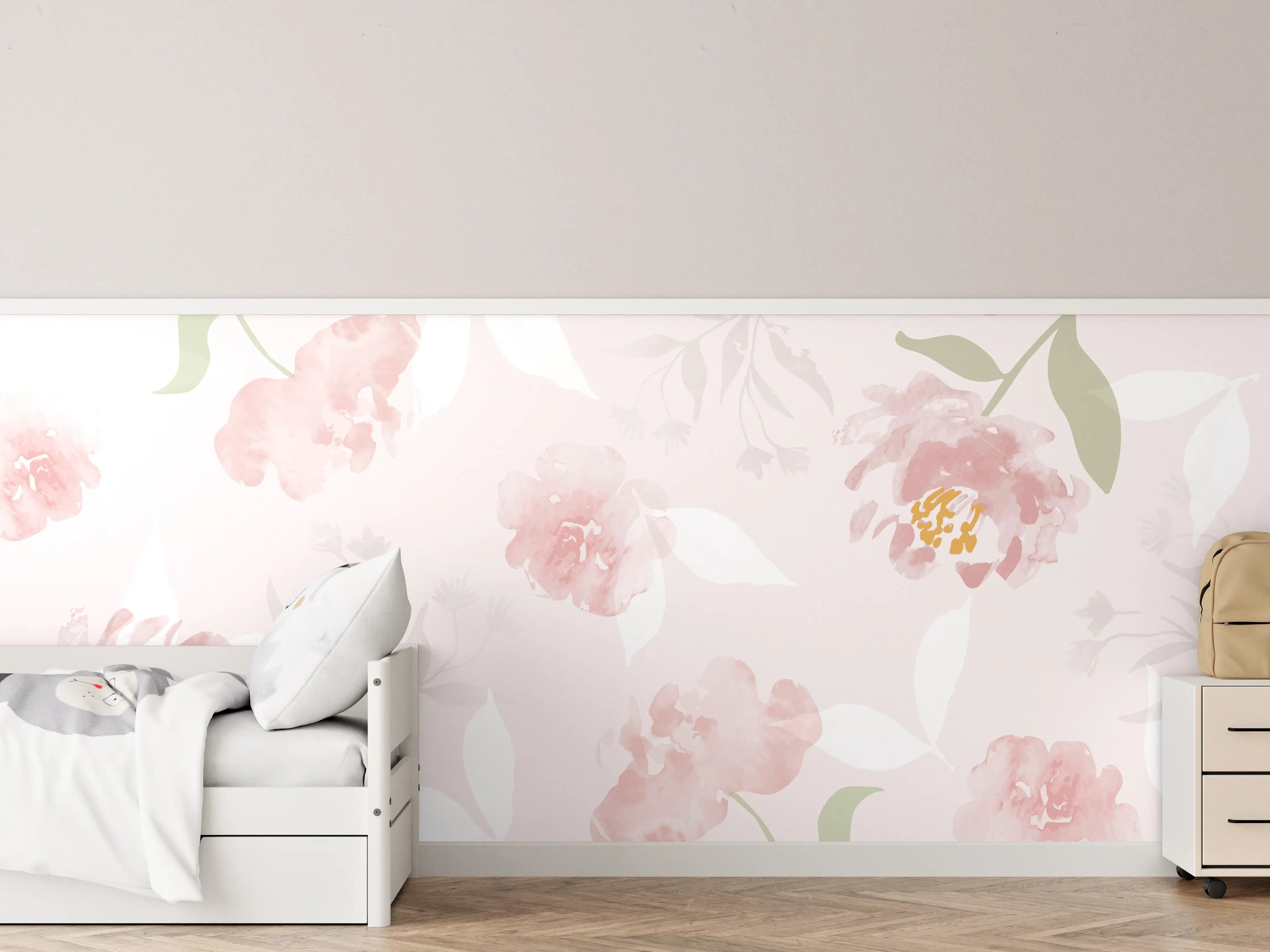 Kinderzimmer Wandgestaltung - Zarte Pastellblumen in Grau- und Weißnuancen