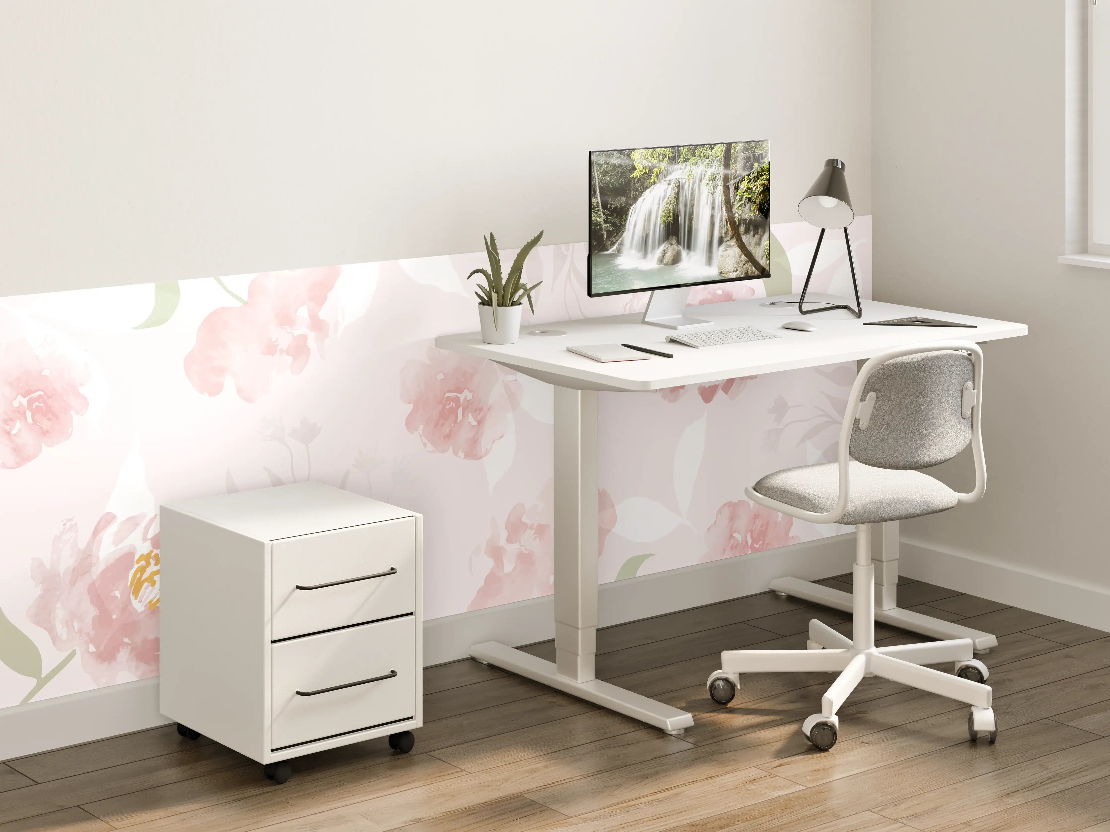 Kinderzimmer Wandgestaltung - Zarte Pastellblumen in Grau- und Weißnuancen