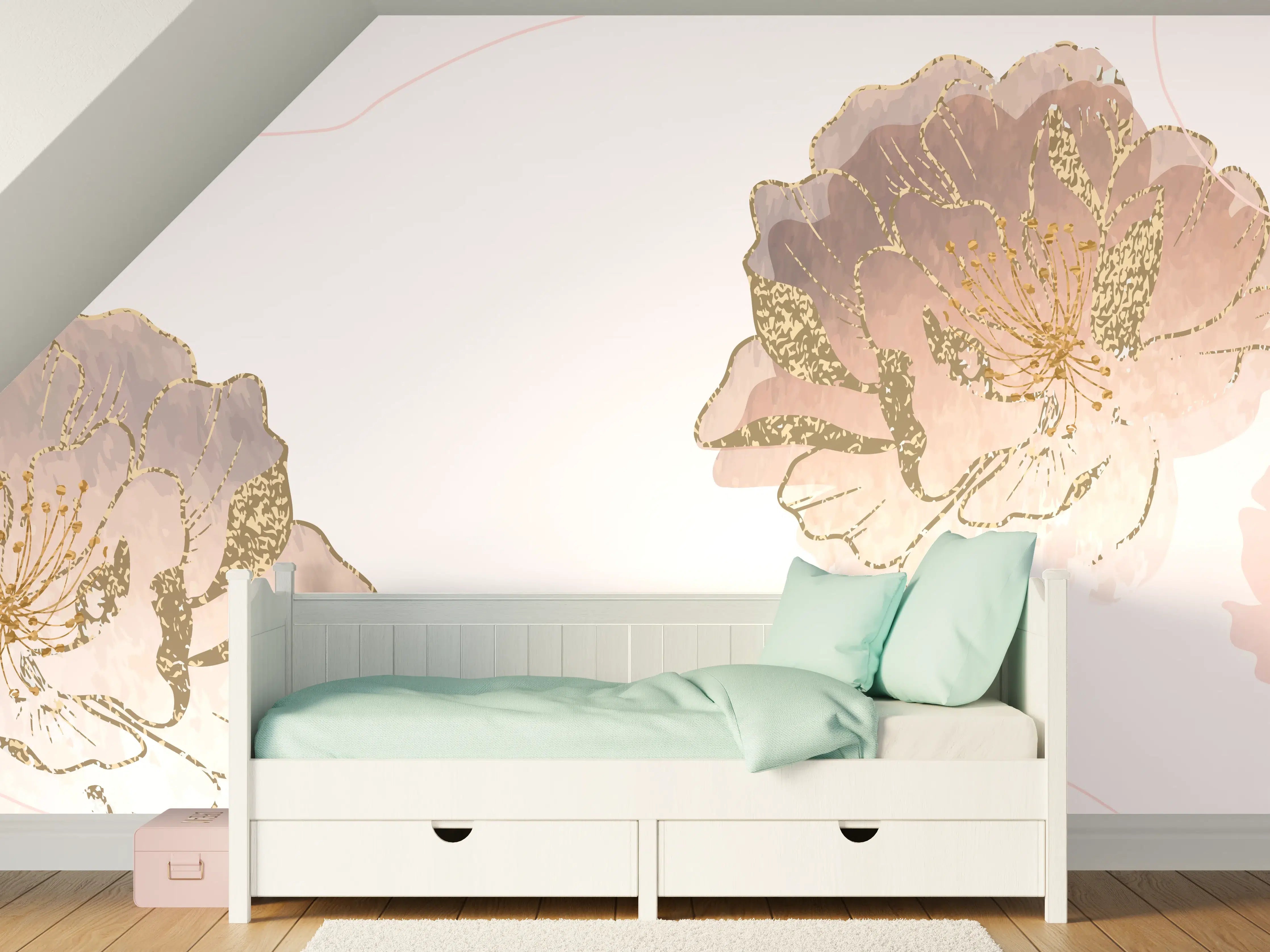 Kinderzimmer Wandgestaltung - Zarte Pastellblumen in Grautönen