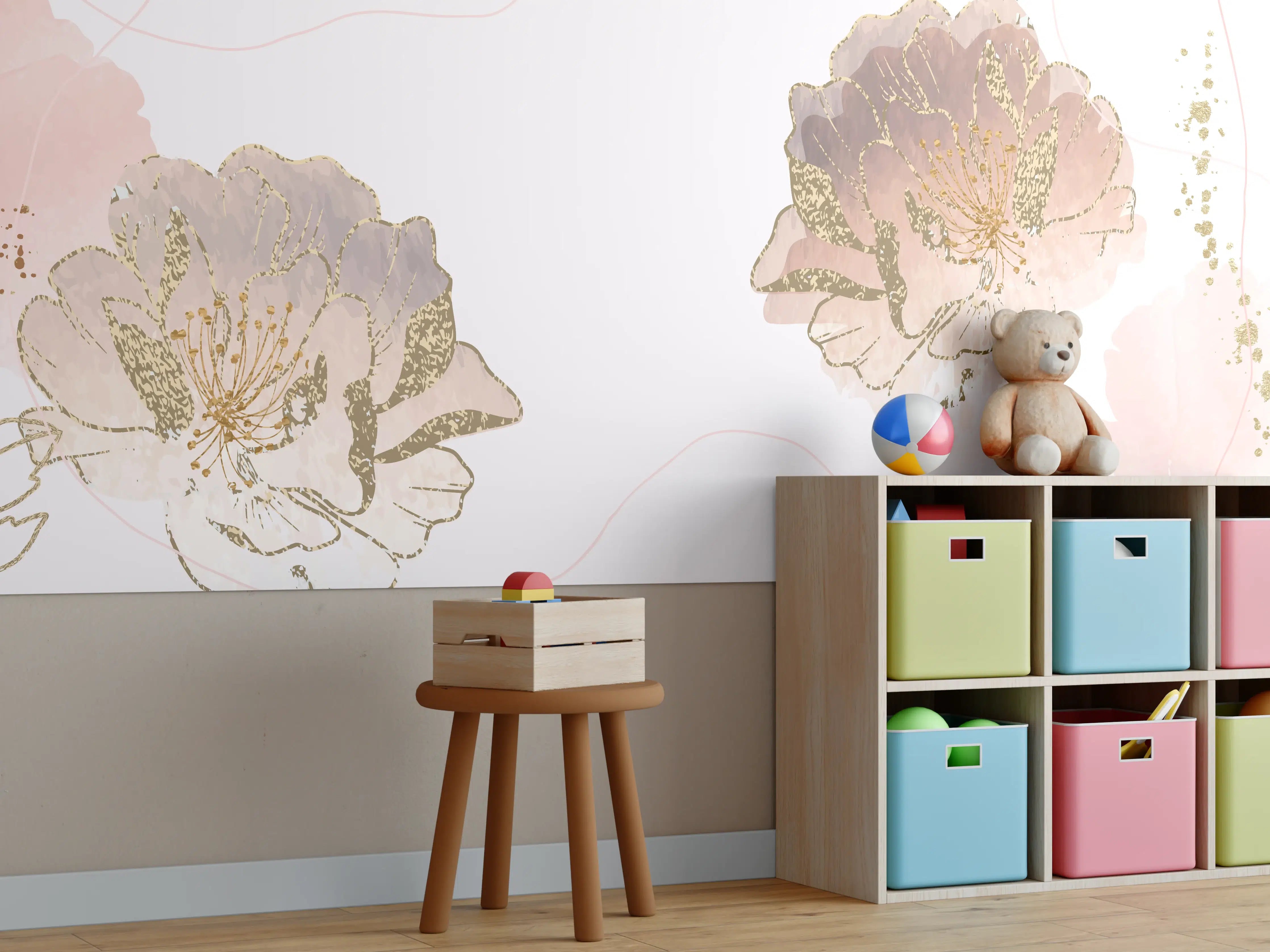 Kinderzimmer Wandgestaltung - Zarte Pastellblumen in Grautönen