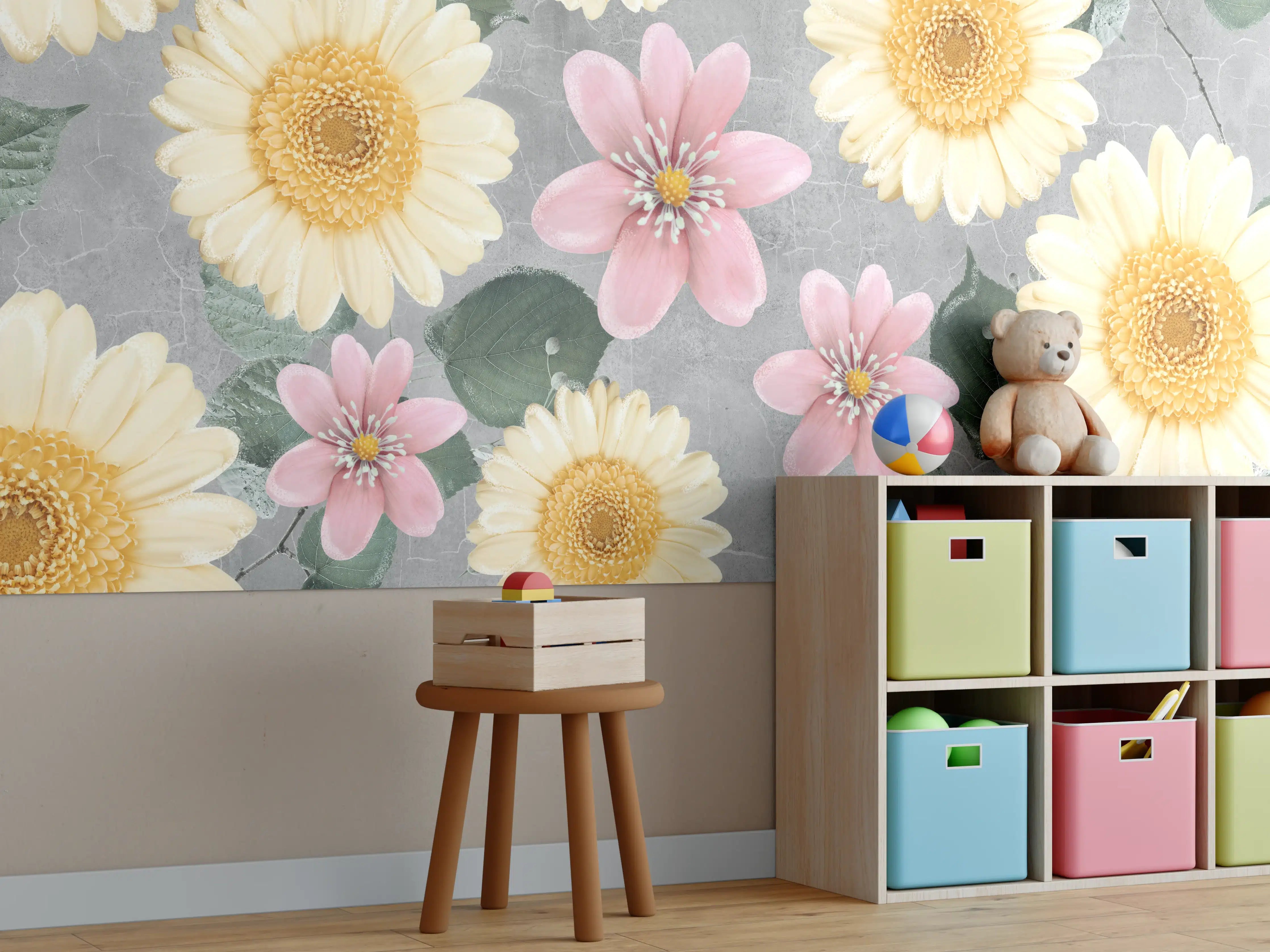 Kinderzimmer Wandgestaltung - Zarte Pastellblumen in Grauweiß