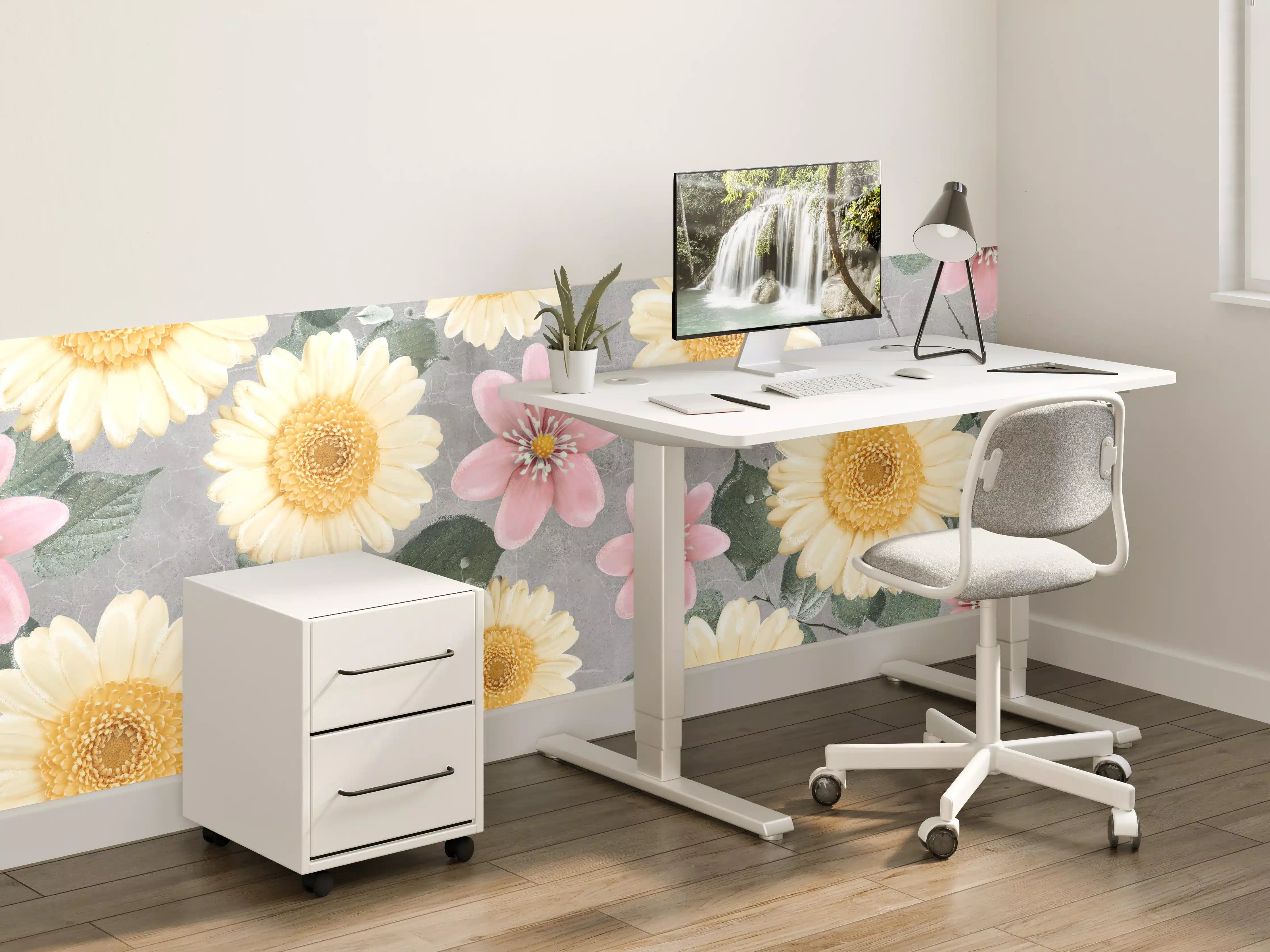 Kinderzimmer Wandgestaltung - Zarte Pastellblumen in Grauweiß