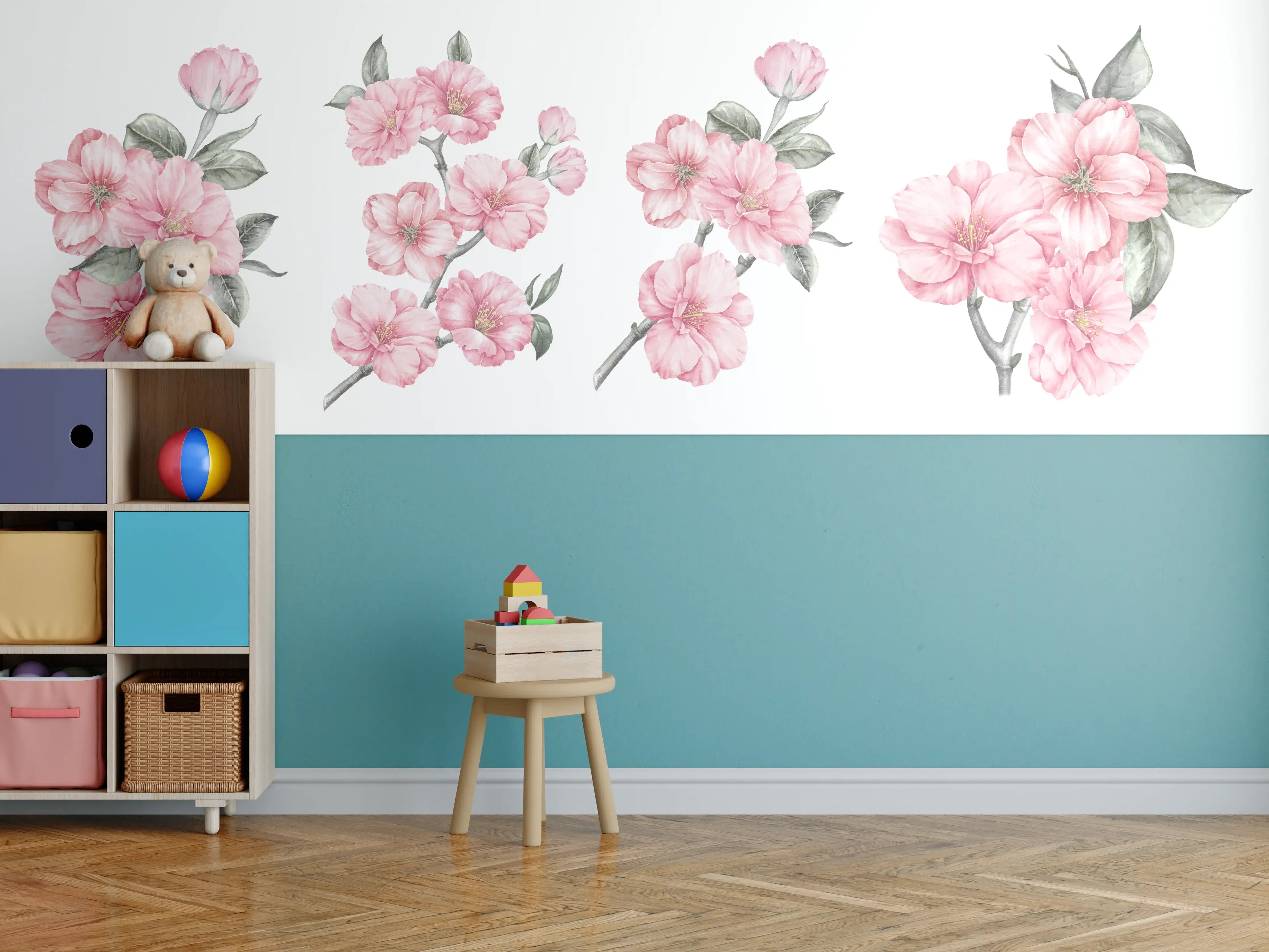 Kinderzimmer Wandgestaltung - Zarte Pinke Kirschblüten auf Weißem Hintergrund