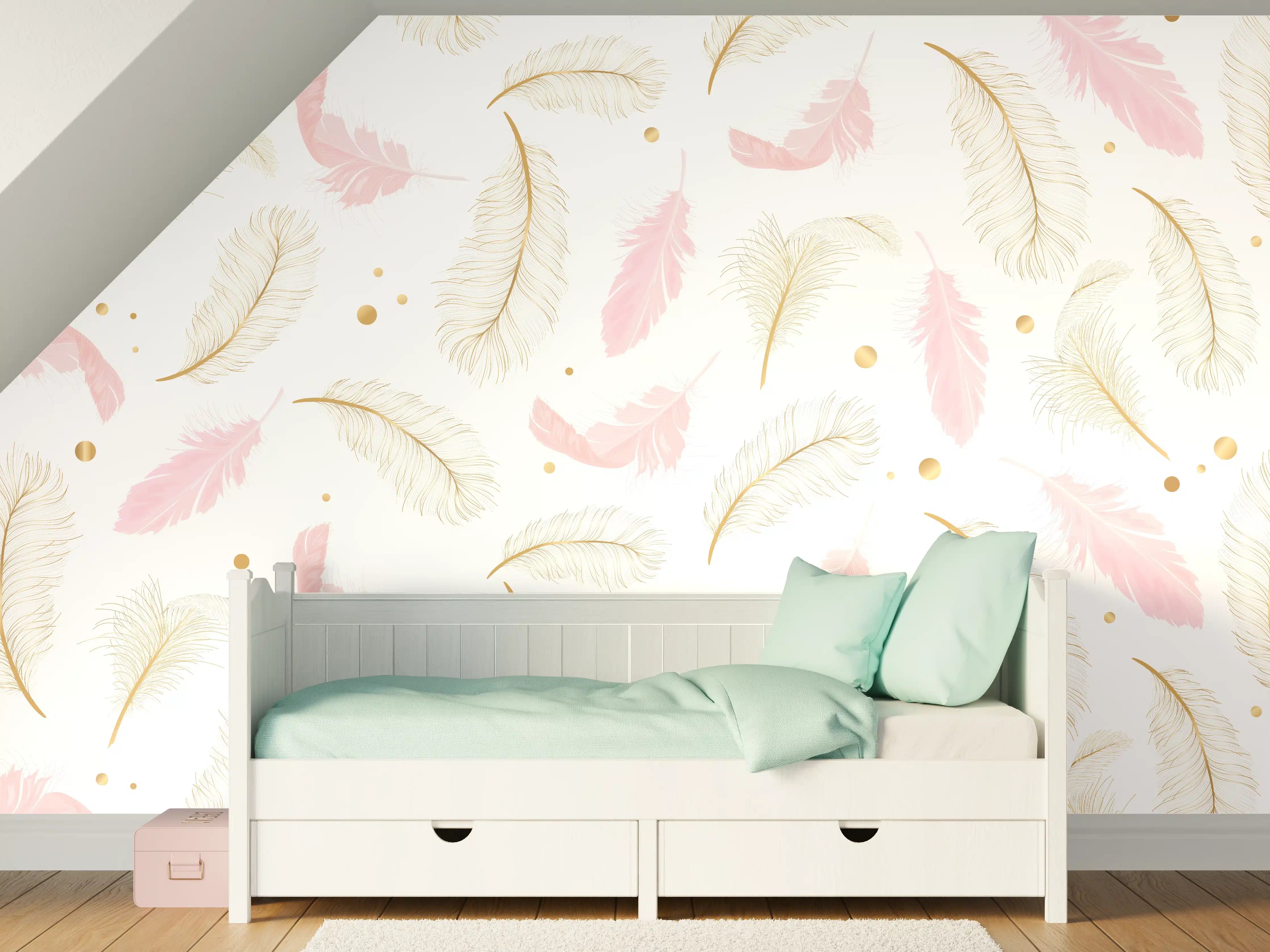 Kinderzimmer Wandgestaltung - Zarte Rosa-Gold Feder-Muster