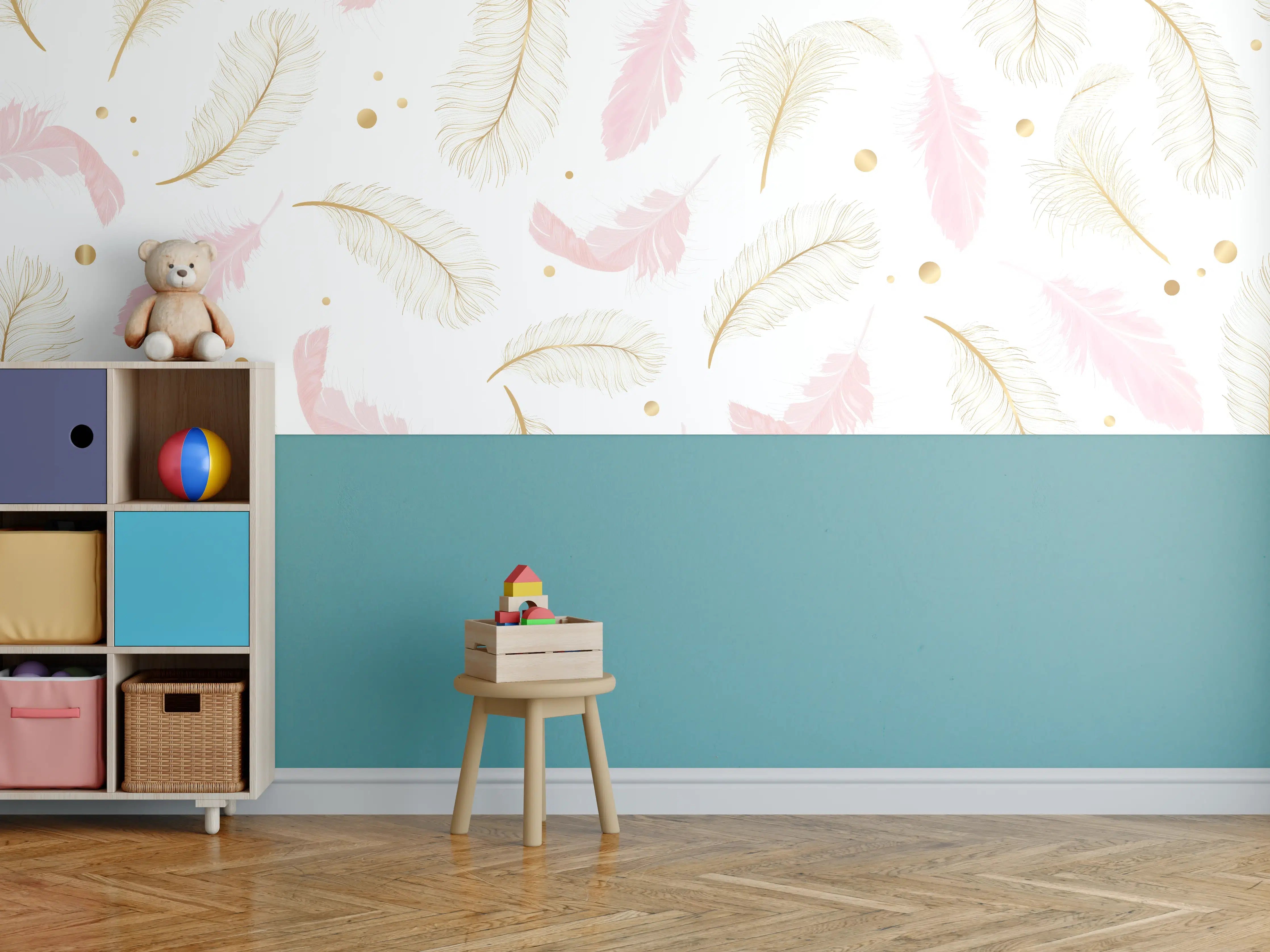Kinderzimmer Wandgestaltung - Zarte Rosa-Gold Feder-Muster