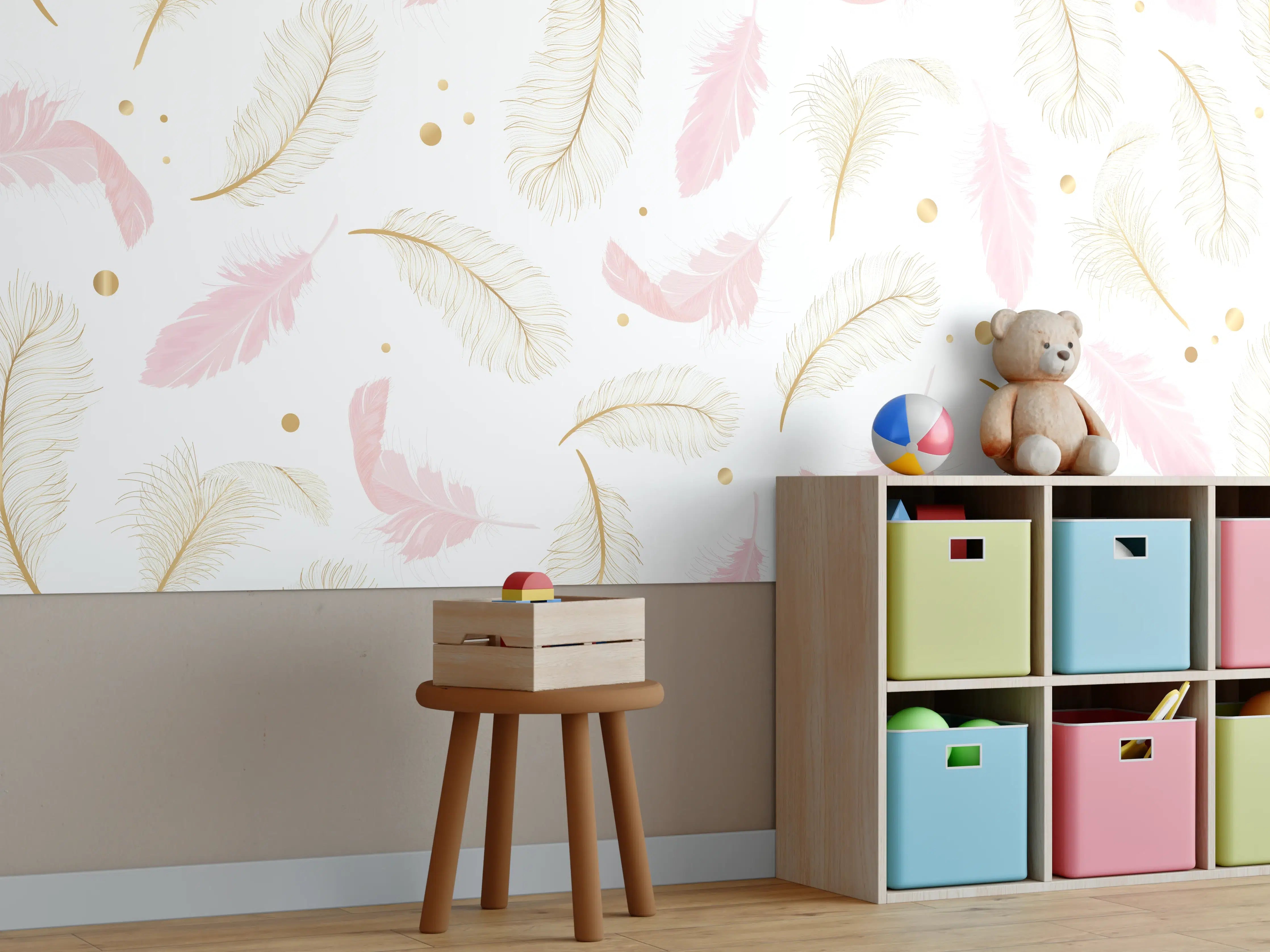 Kinderzimmer Wandgestaltung - Zarte Rosa-Gold Feder-Muster