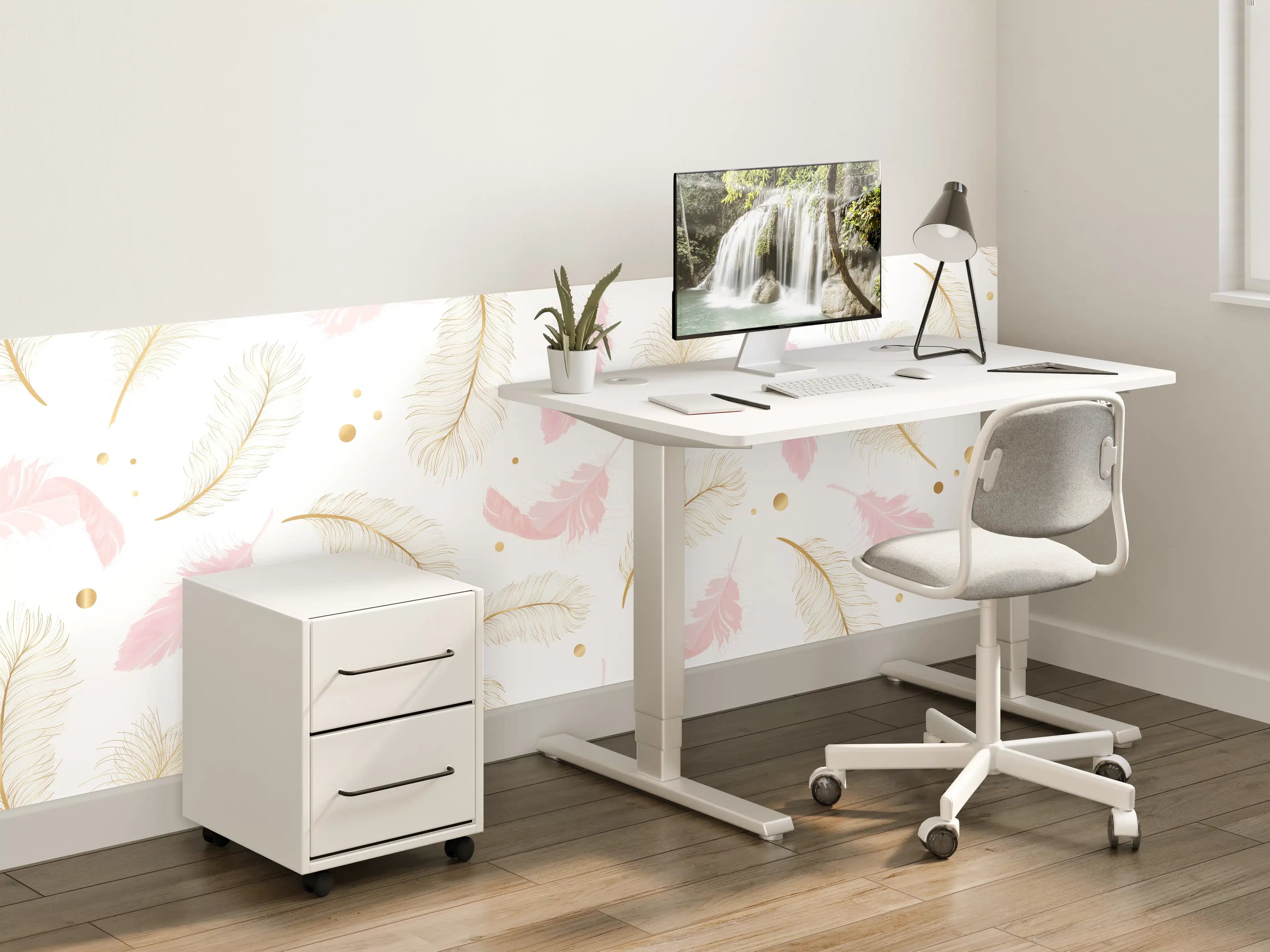 Kinderzimmer Wandgestaltung - Zarte Rosa-Gold Feder-Muster