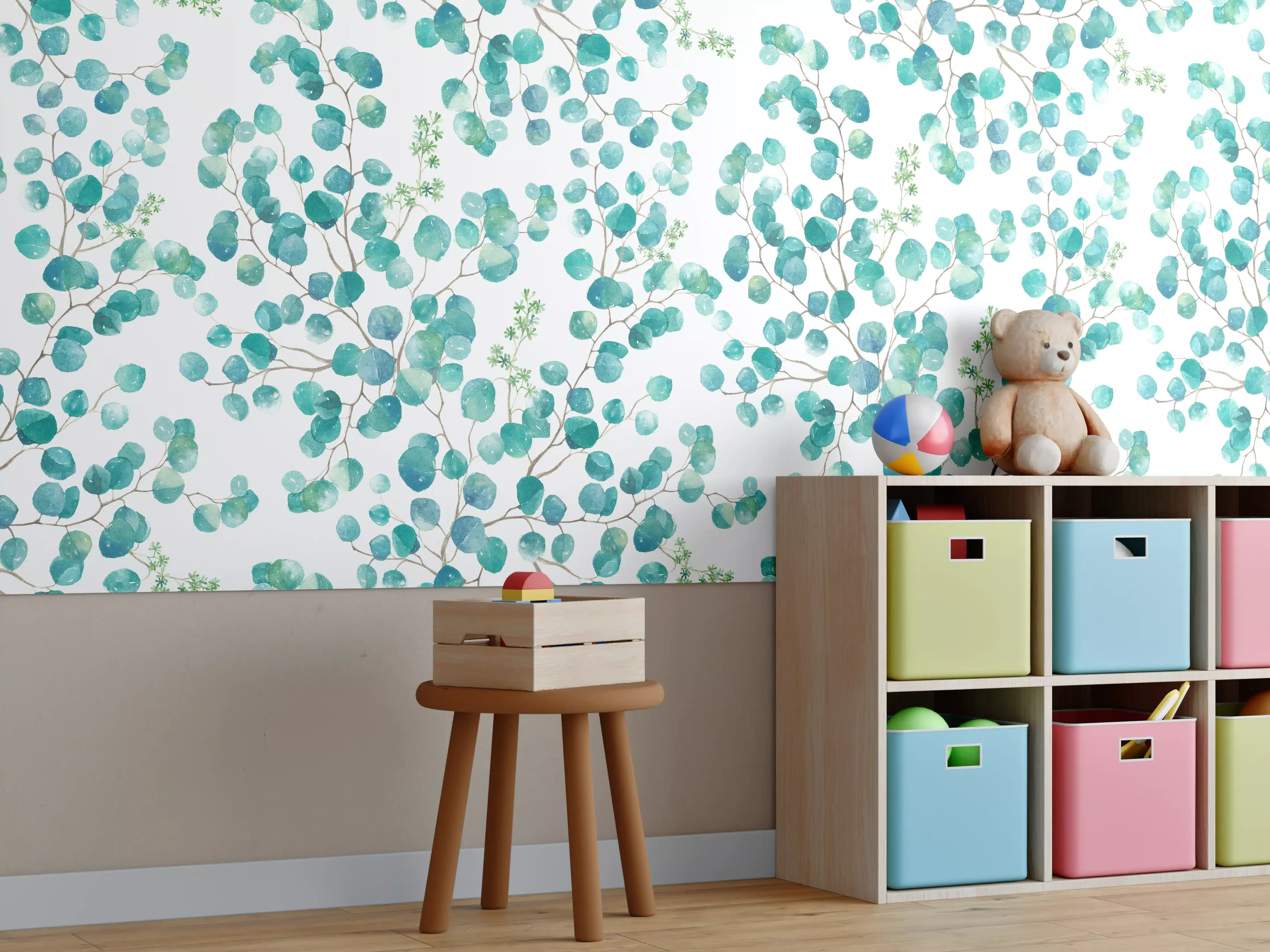 Kinderzimmer Wandgestaltung - Zarte Wasserfarben-Blätter im Pastellblau