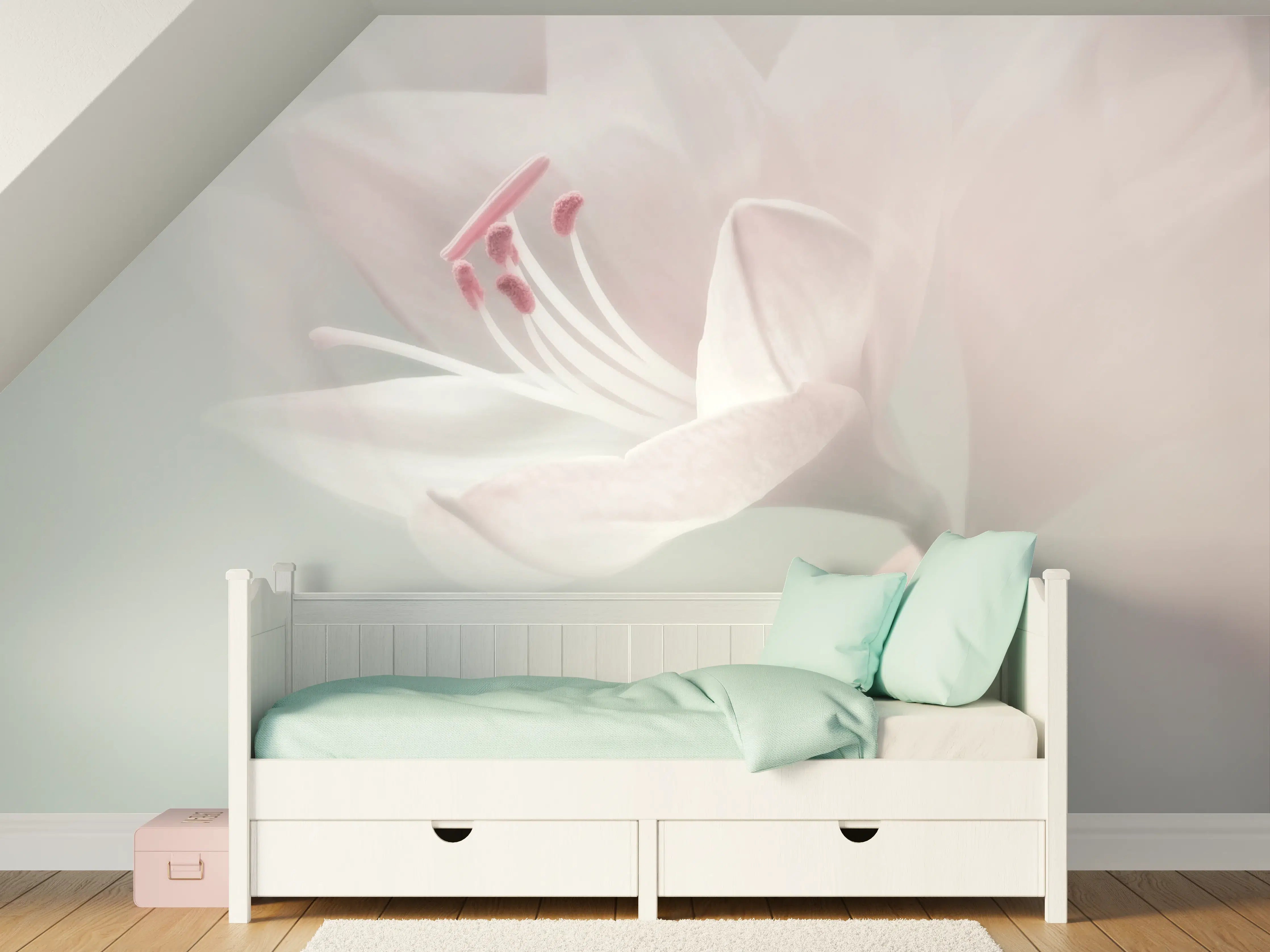 Kinderzimmer Wandgestaltung - Zarte rosa Blumenblüte mit weißem Hintergrund