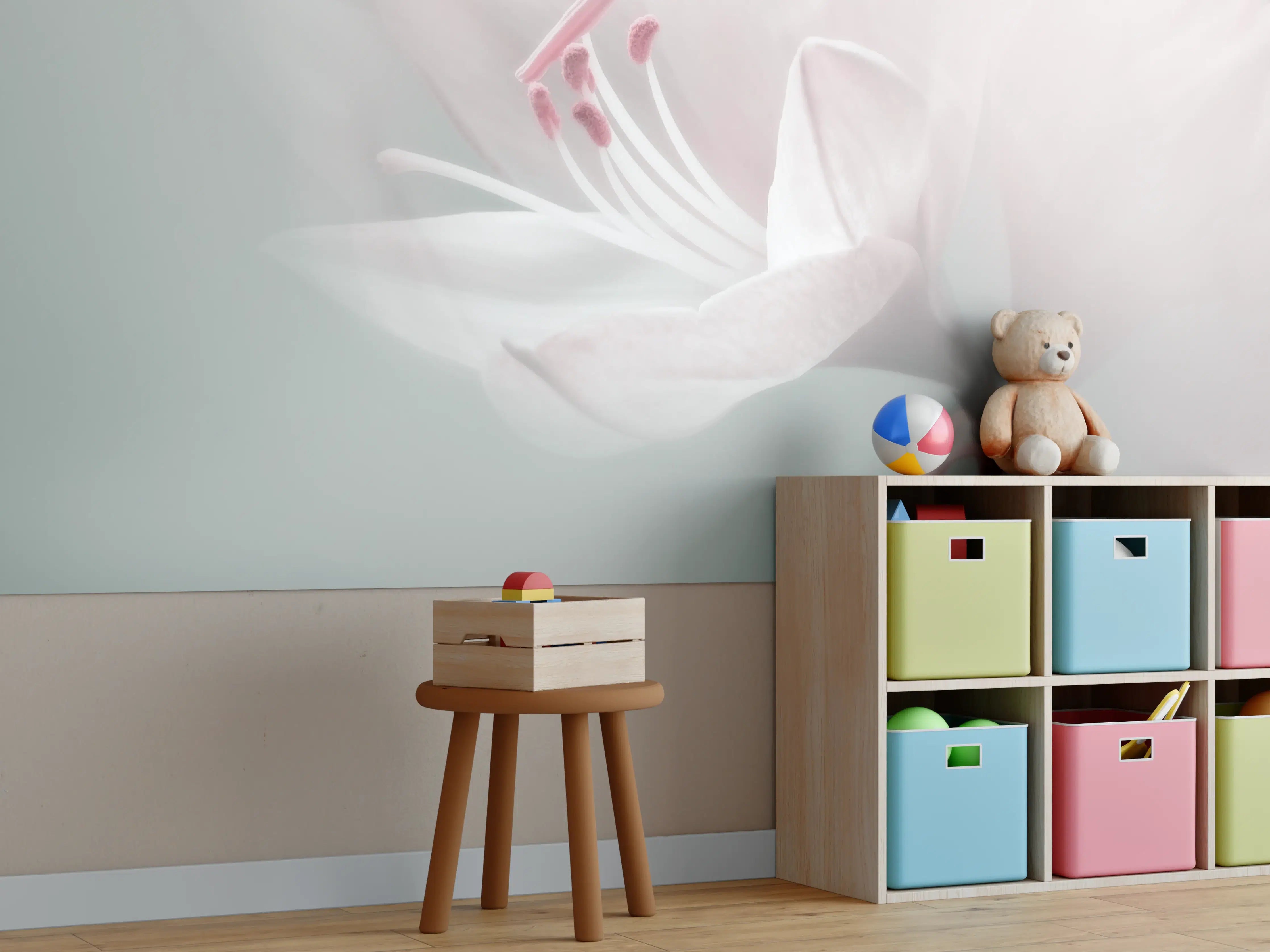 Kinderzimmer Wandgestaltung - Zarte rosa Blumenblüte mit weißem Hintergrund