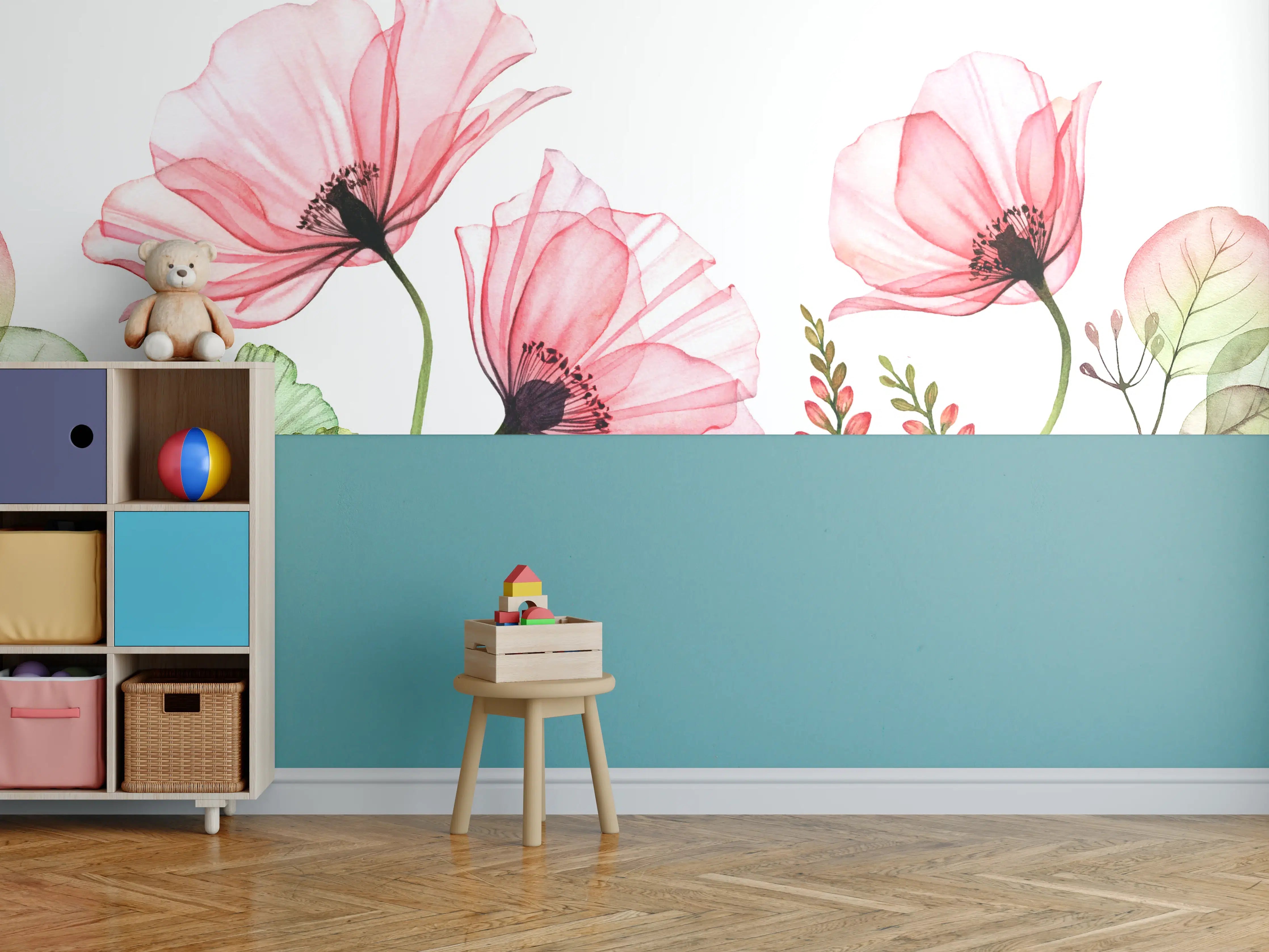 Kinderzimmer Wandgestaltung - Zarte rosa Mohnblumen auf weißem Hintergrund