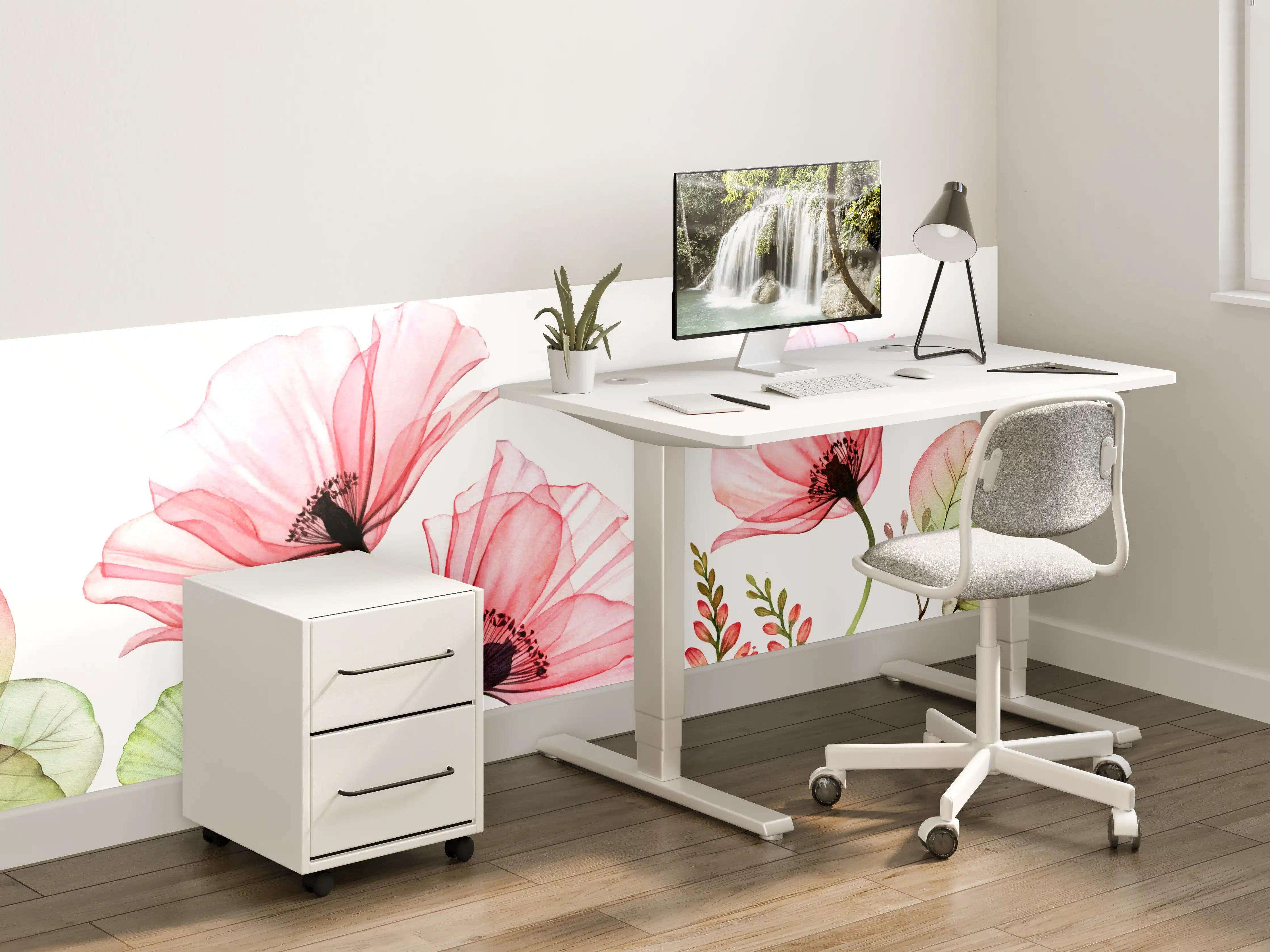 Kinderzimmer Wandgestaltung - Zarte rosa Mohnblumen auf weißem Hintergrund