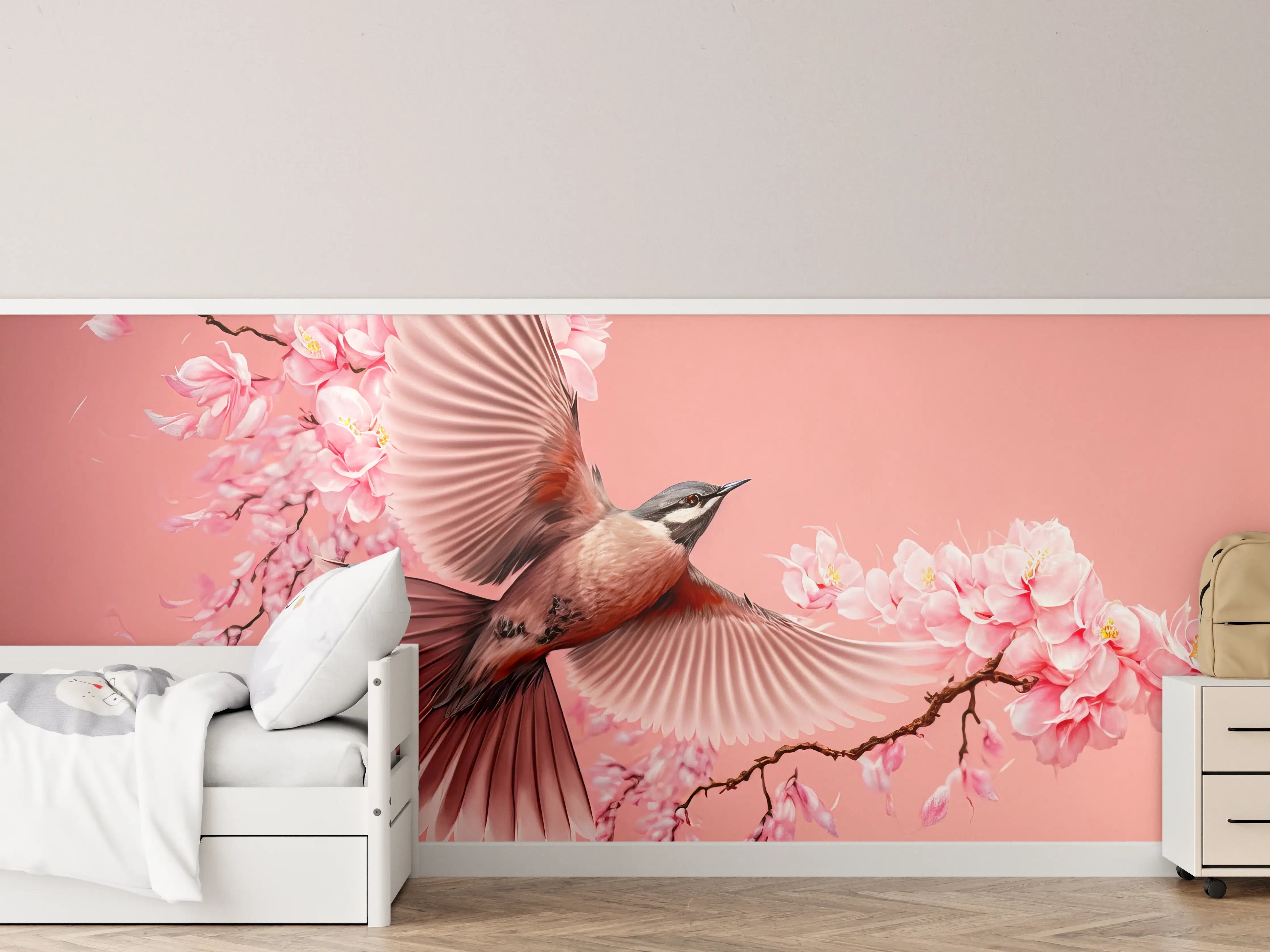 Kinderzimmer Wandgestaltung - Zarter Pinker Vogel mit Blüten in Flug