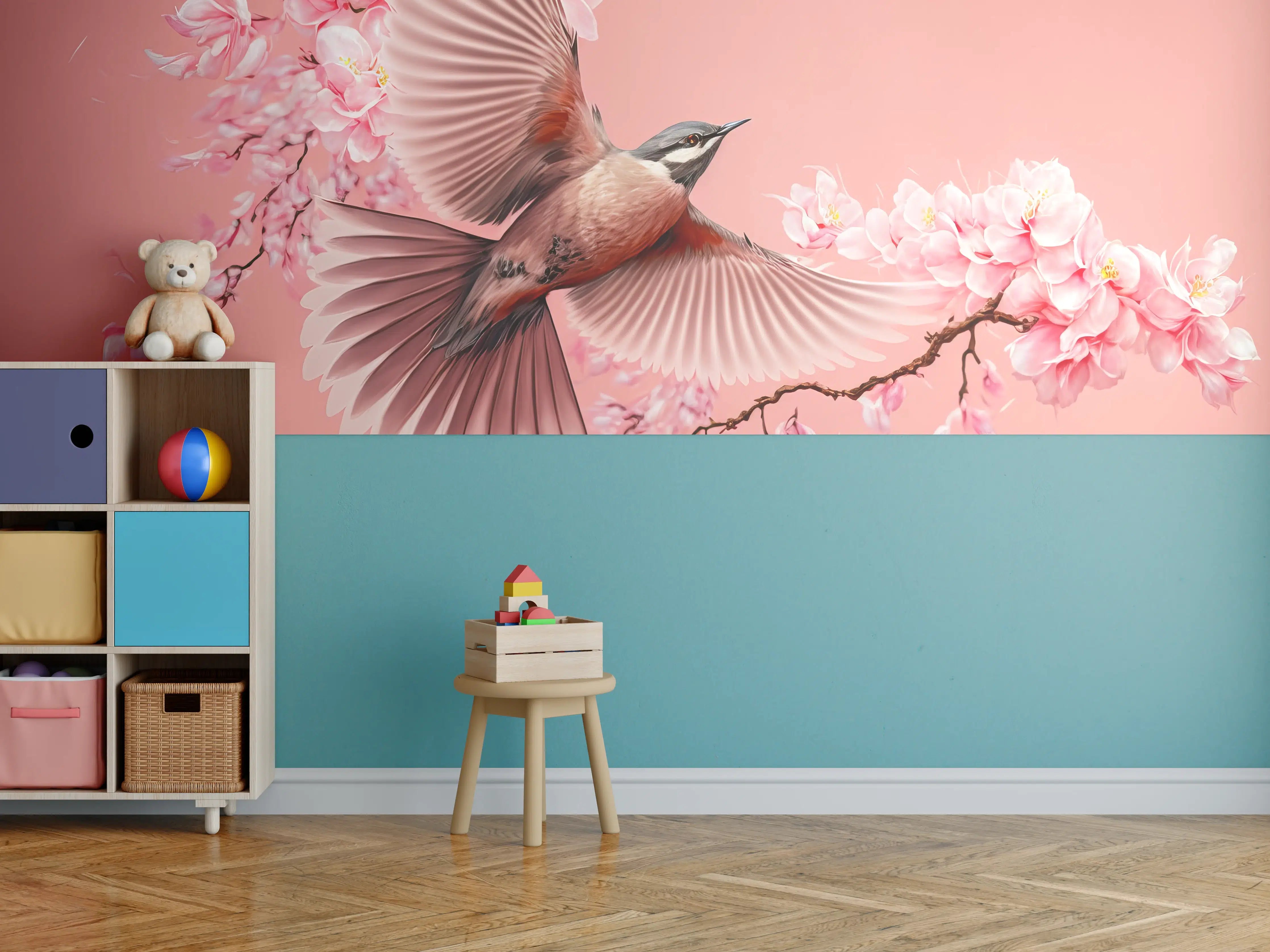 Kinderzimmer Wandgestaltung - Zarter Pinker Vogel mit Blüten in Flug