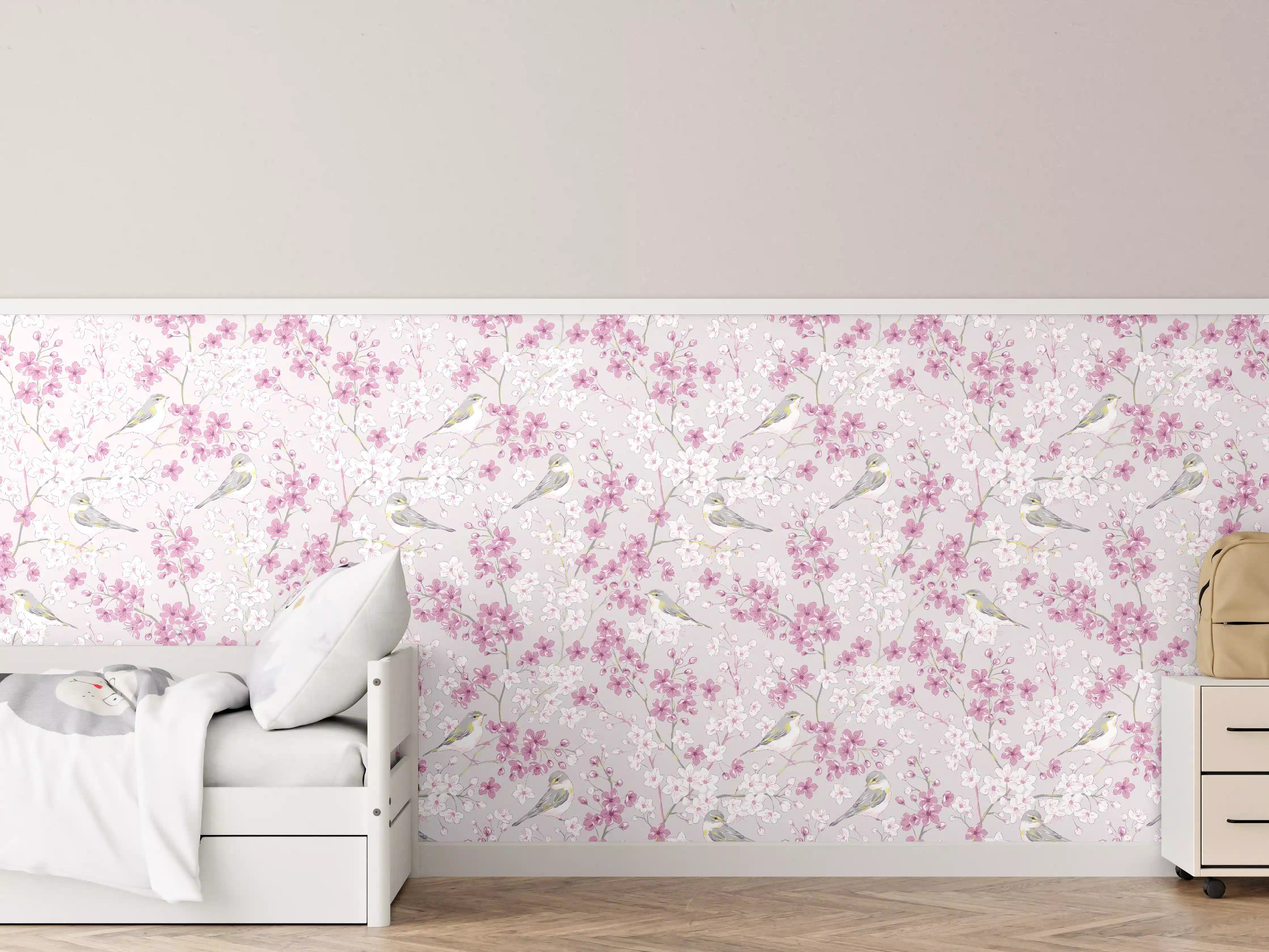 Kinderzimmer Wandgestaltung - Zartes Kirschblütenmuster mit kleinen Vögeln