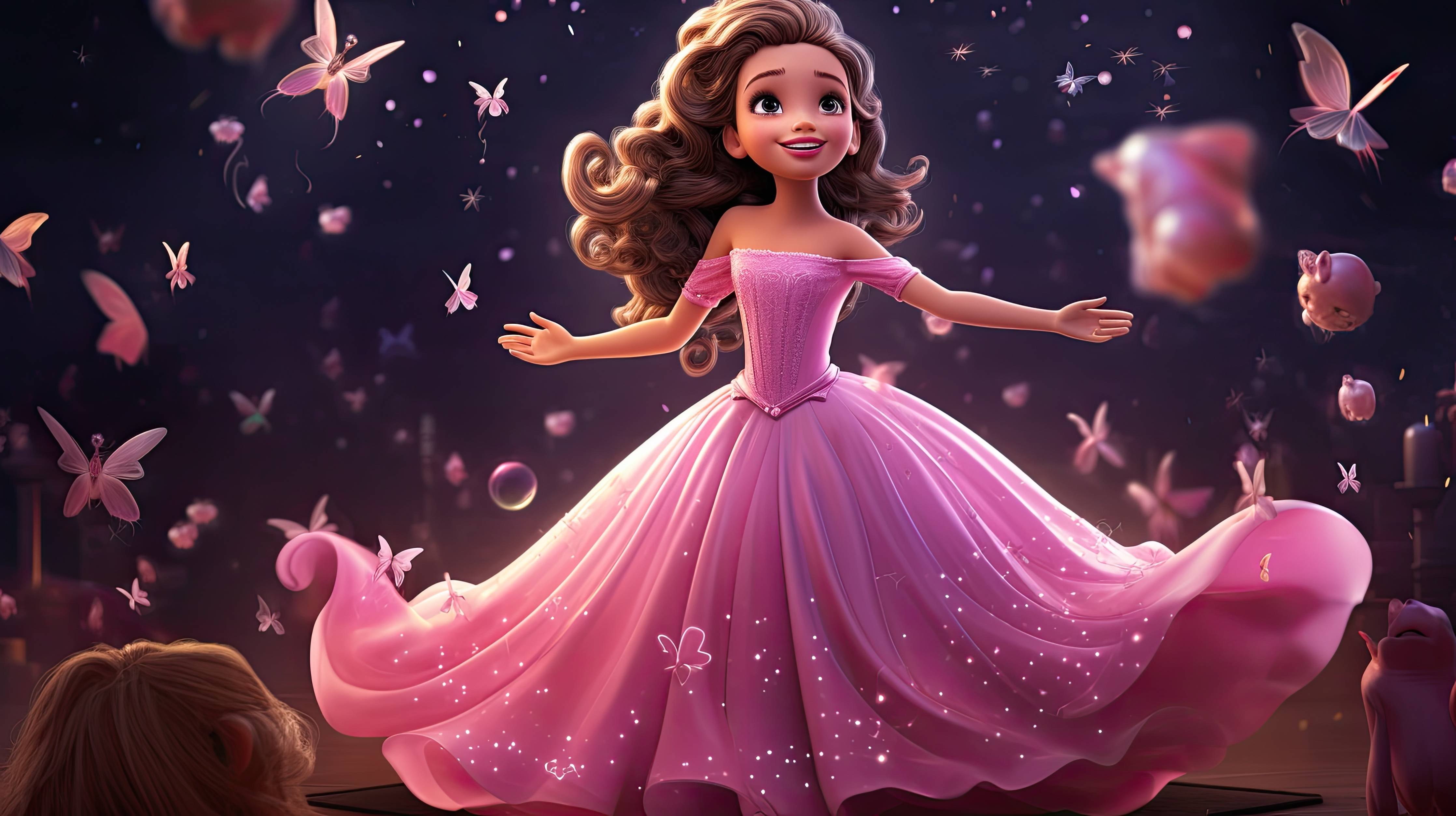 Kinderzimmer Wandgestaltung-Zauberhafte Disney-Prinzessin mit pinkem Kleid