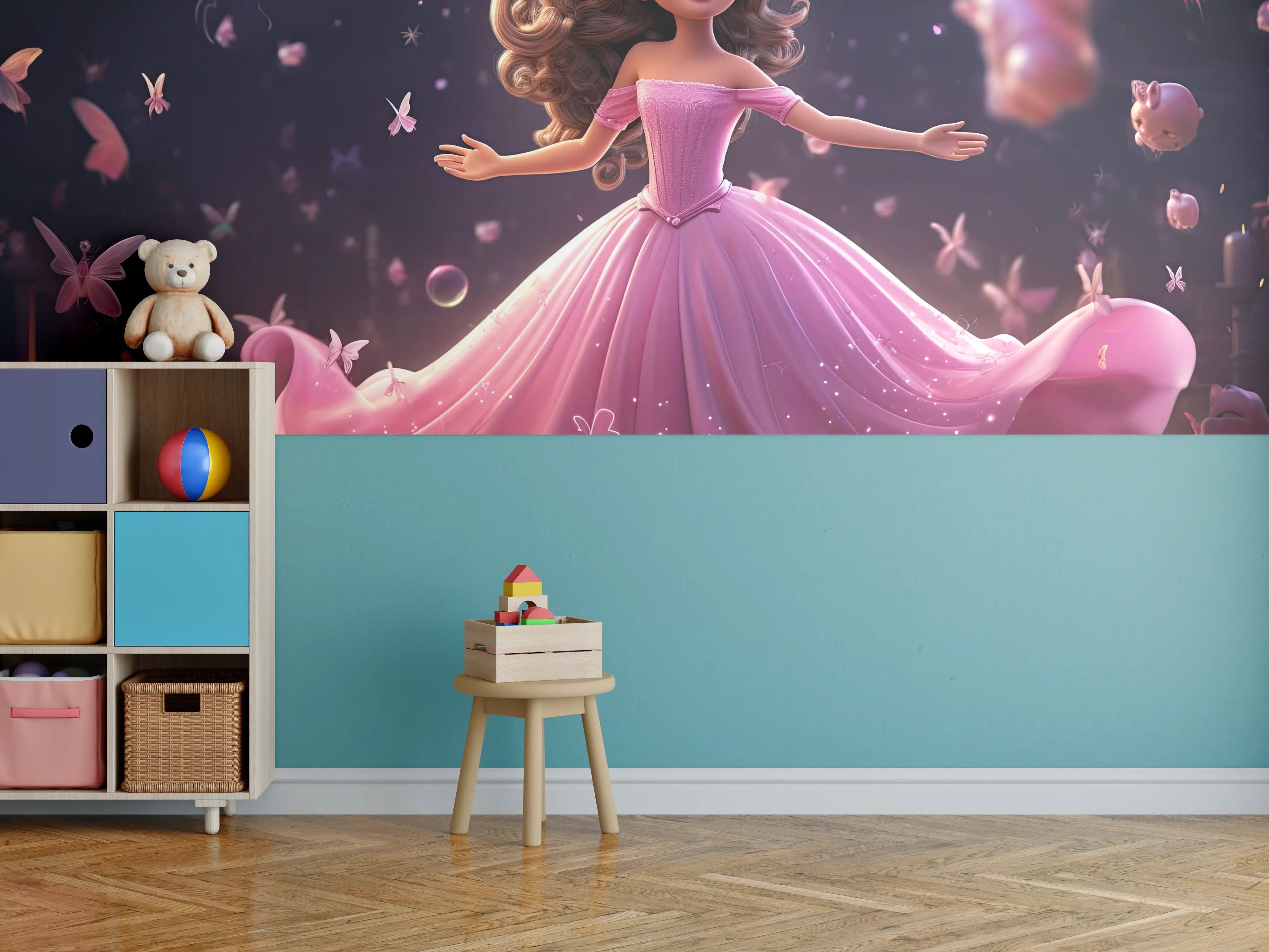 Kinderzimmer Wandgestaltung - Zauberhafte Disney-Prinzessin mit pinkem Kleid