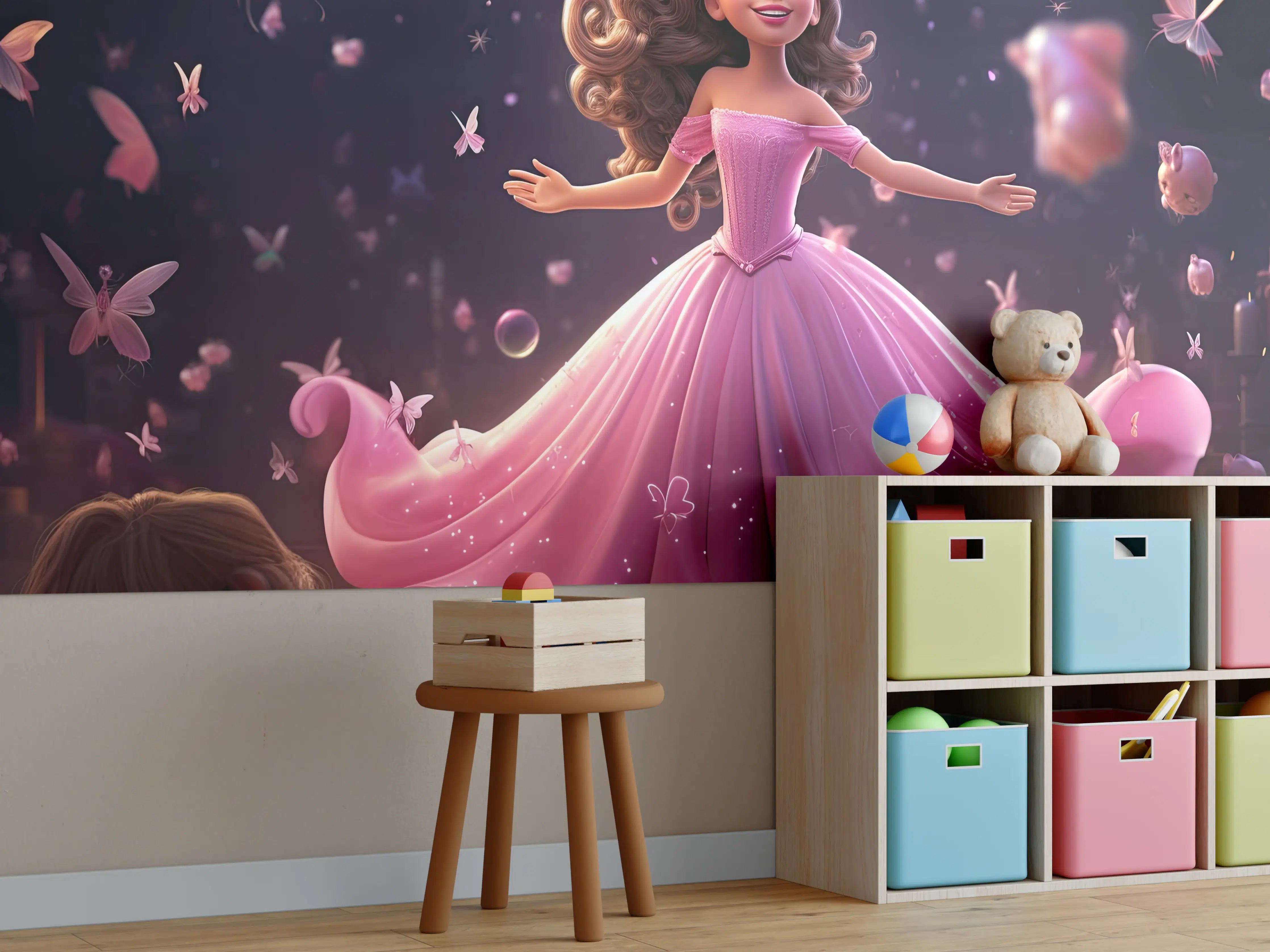 Kinderzimmer Wandgestaltung - Zauberhafte Disney-Prinzessin mit pinkem Kleid