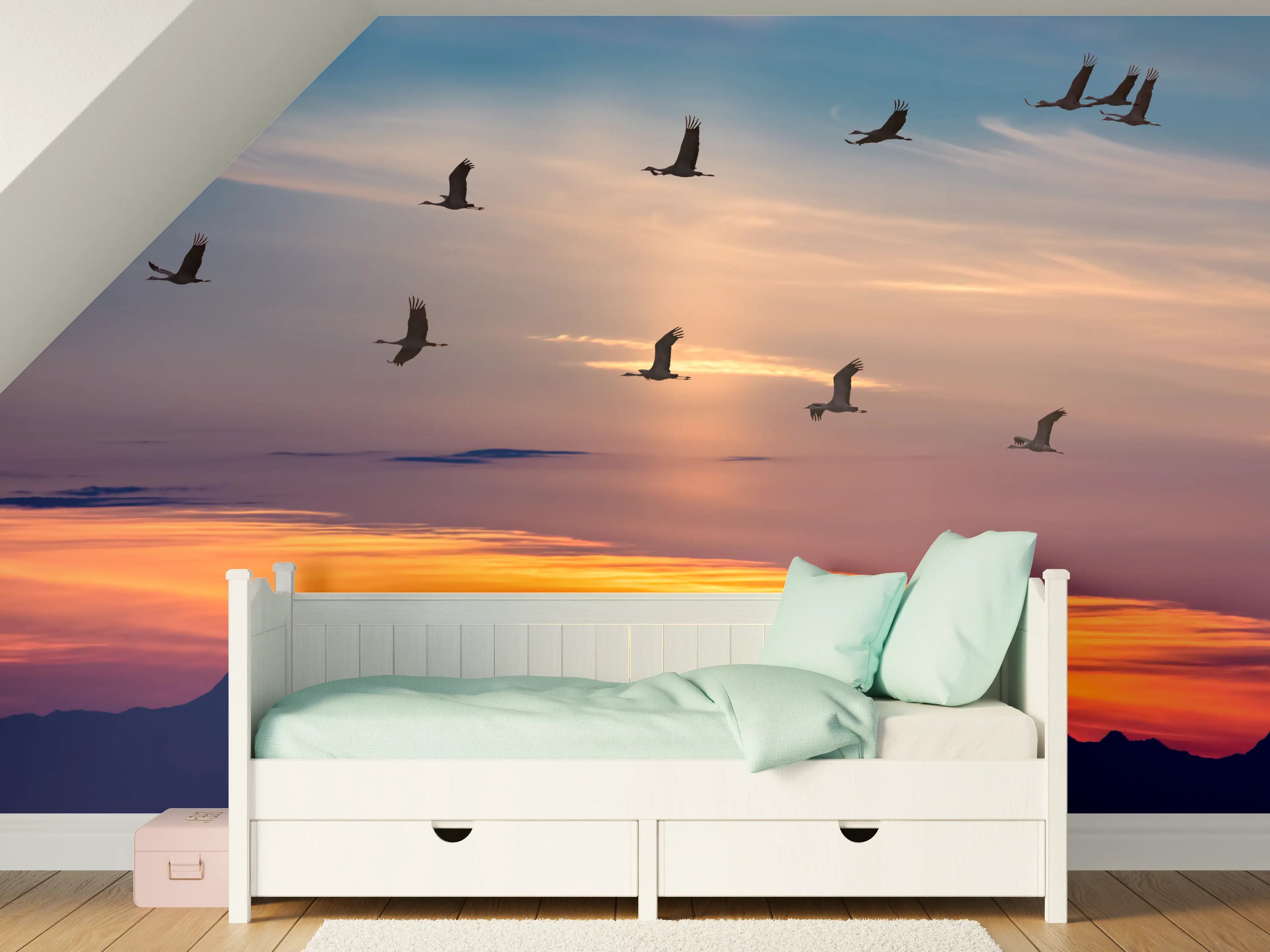 Kinderzimmer Wandgestaltung - Zugvögel fliegen bei Sonnenuntergang
