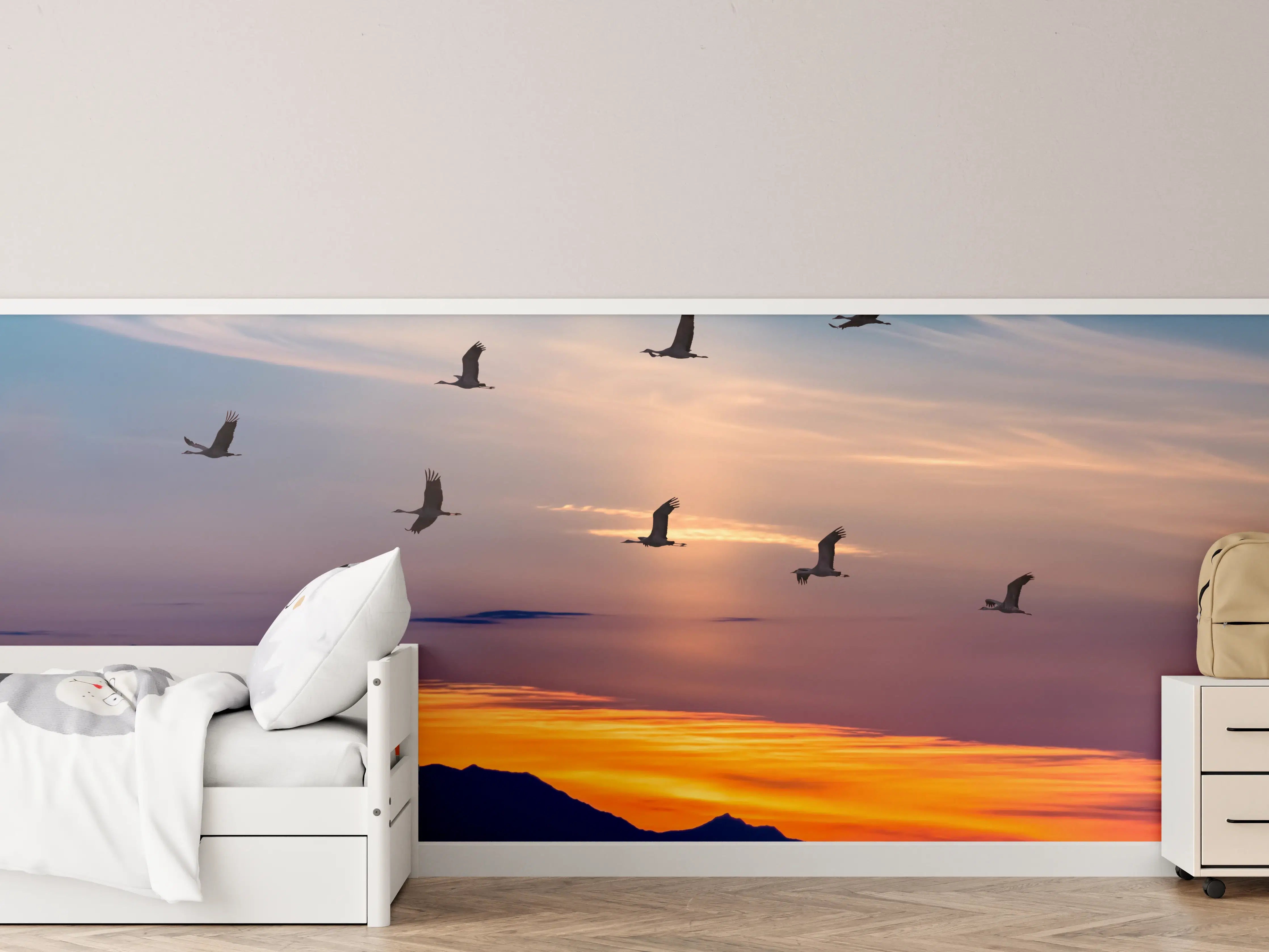 Kinderzimmer Wandgestaltung - Zugvögel fliegen bei Sonnenuntergang