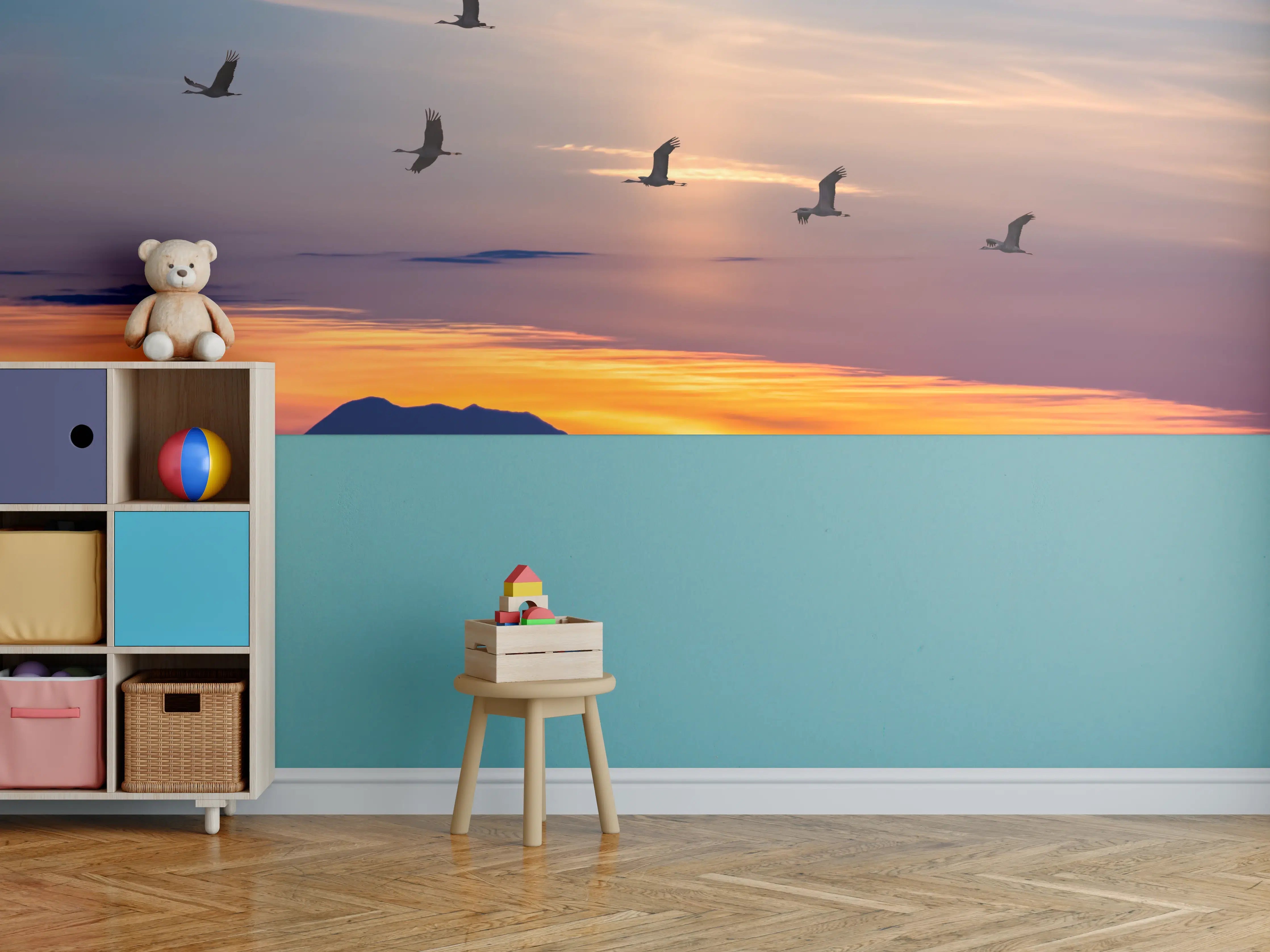 Kinderzimmer Wandgestaltung - Zugvögel fliegen bei Sonnenuntergang