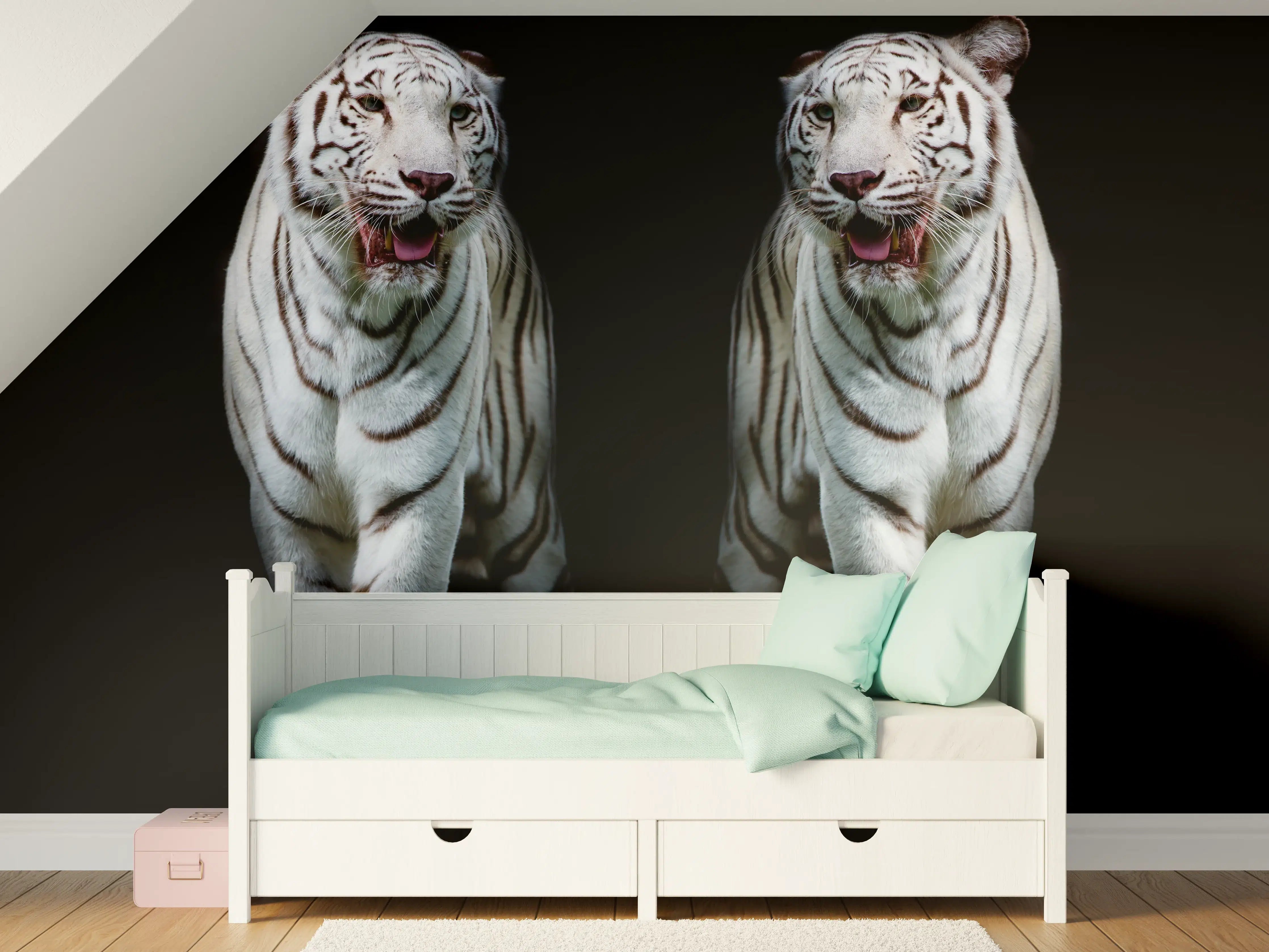 Kinderzimmer Wandgestaltung - Zwei weiße Tiger auf schwarzem Hintergrund