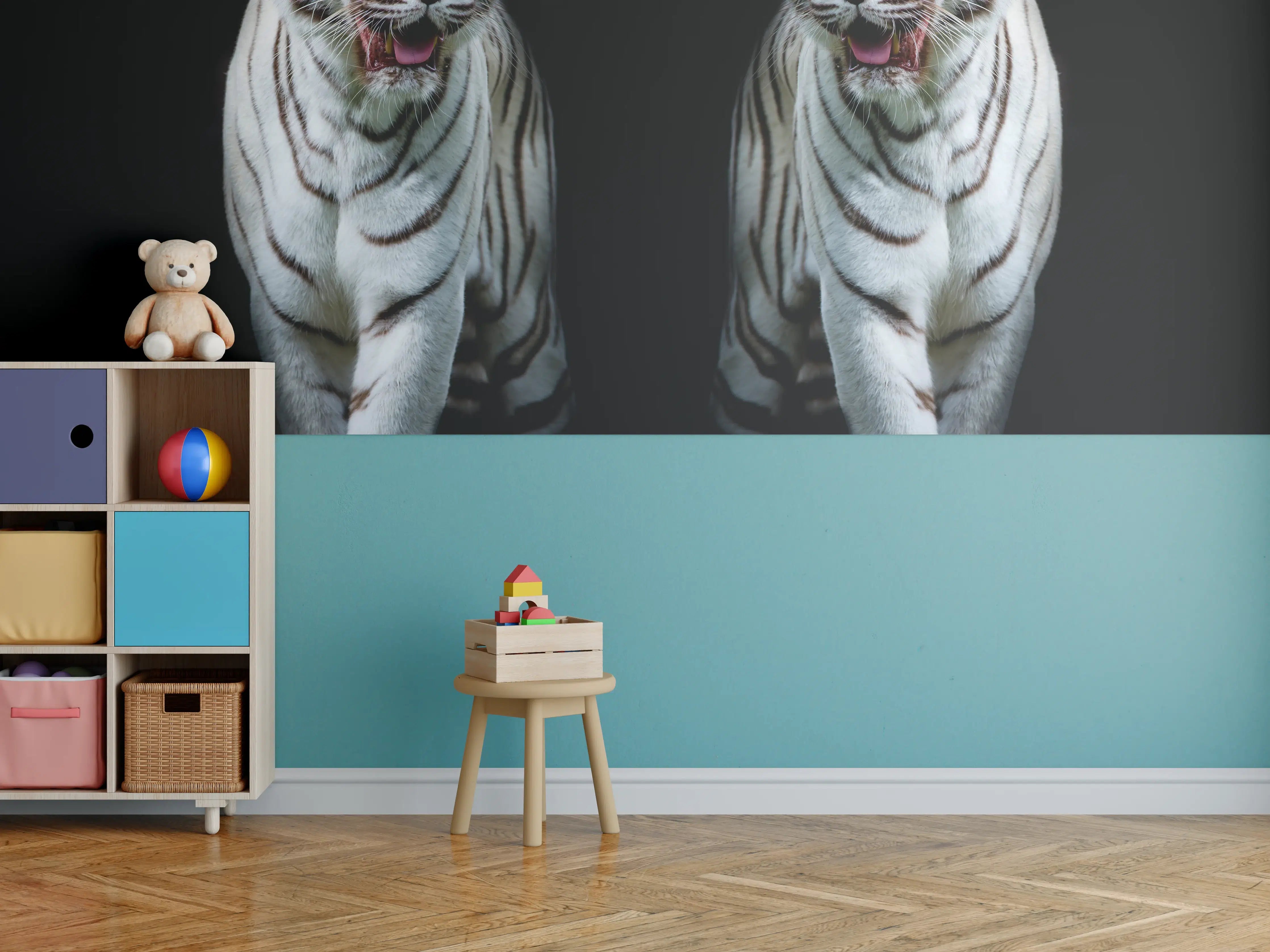 Kinderzimmer Wandgestaltung - Zwei weiße Tiger auf schwarzem Hintergrund