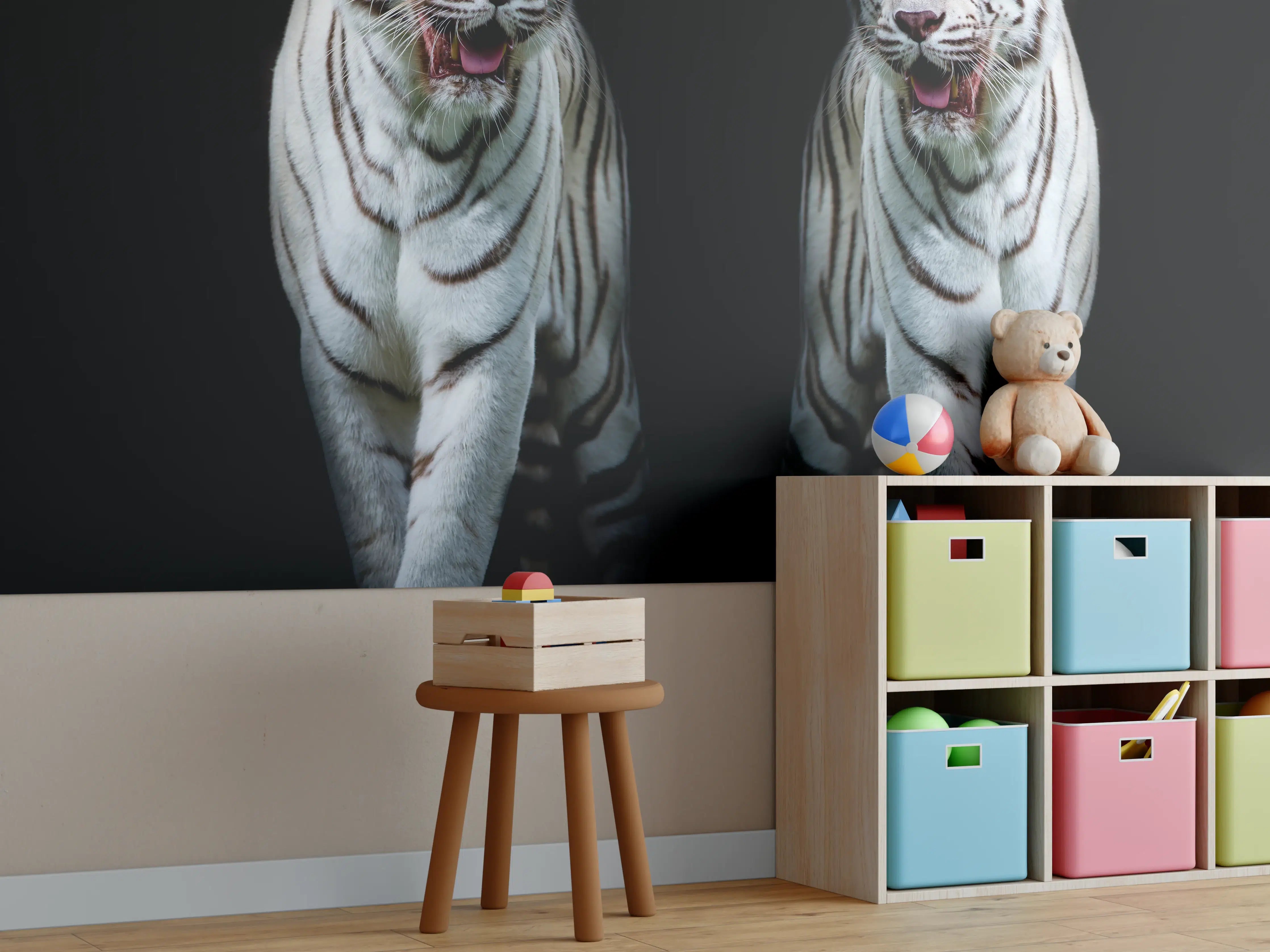 Kinderzimmer Wandgestaltung - Zwei weiße Tiger auf schwarzem Hintergrund