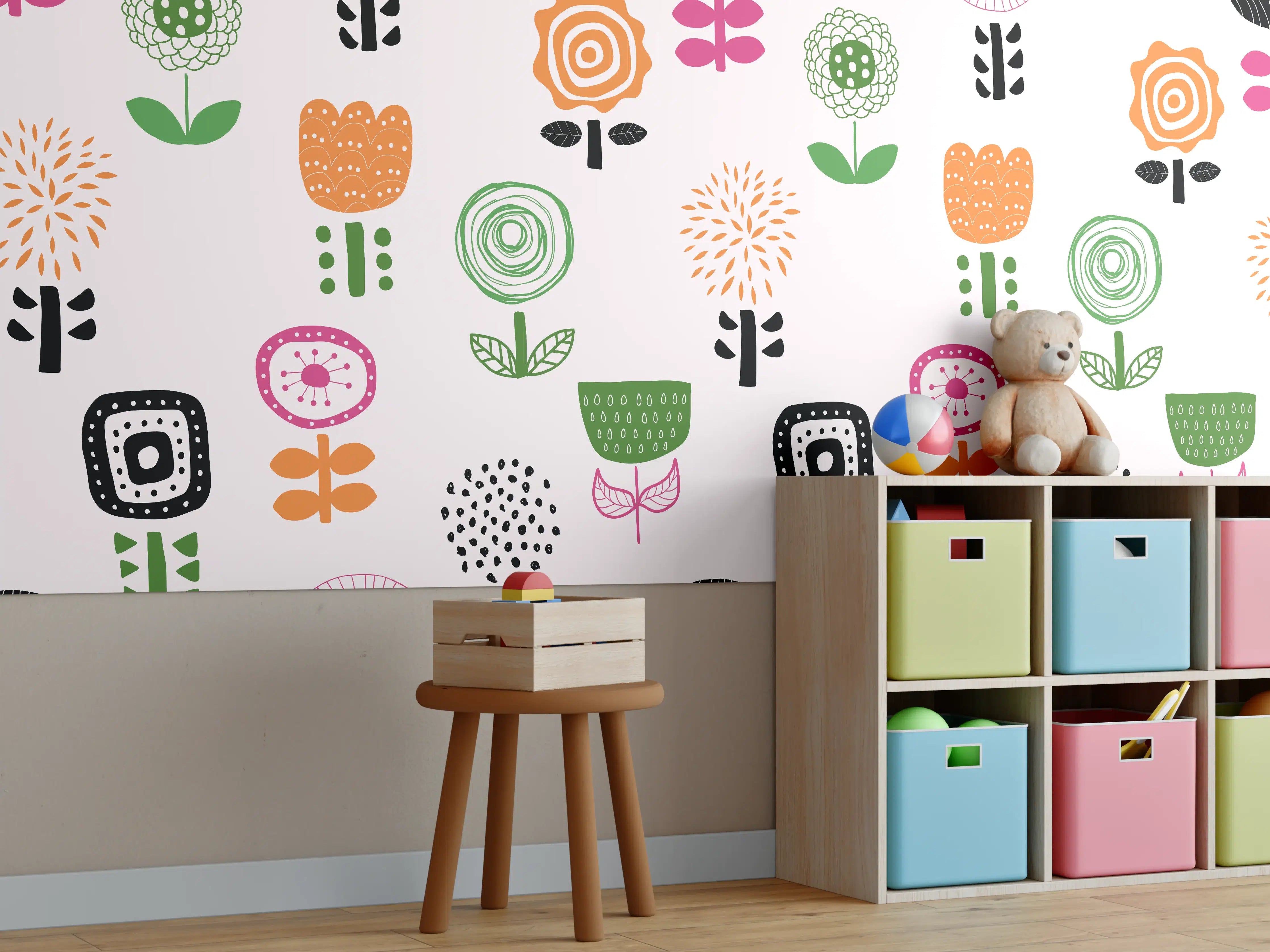 Kinderzimmer Wandgestaltung - "Blumige Tapete in Weiß und Grau - Bunte florale Muster für jede Wand"