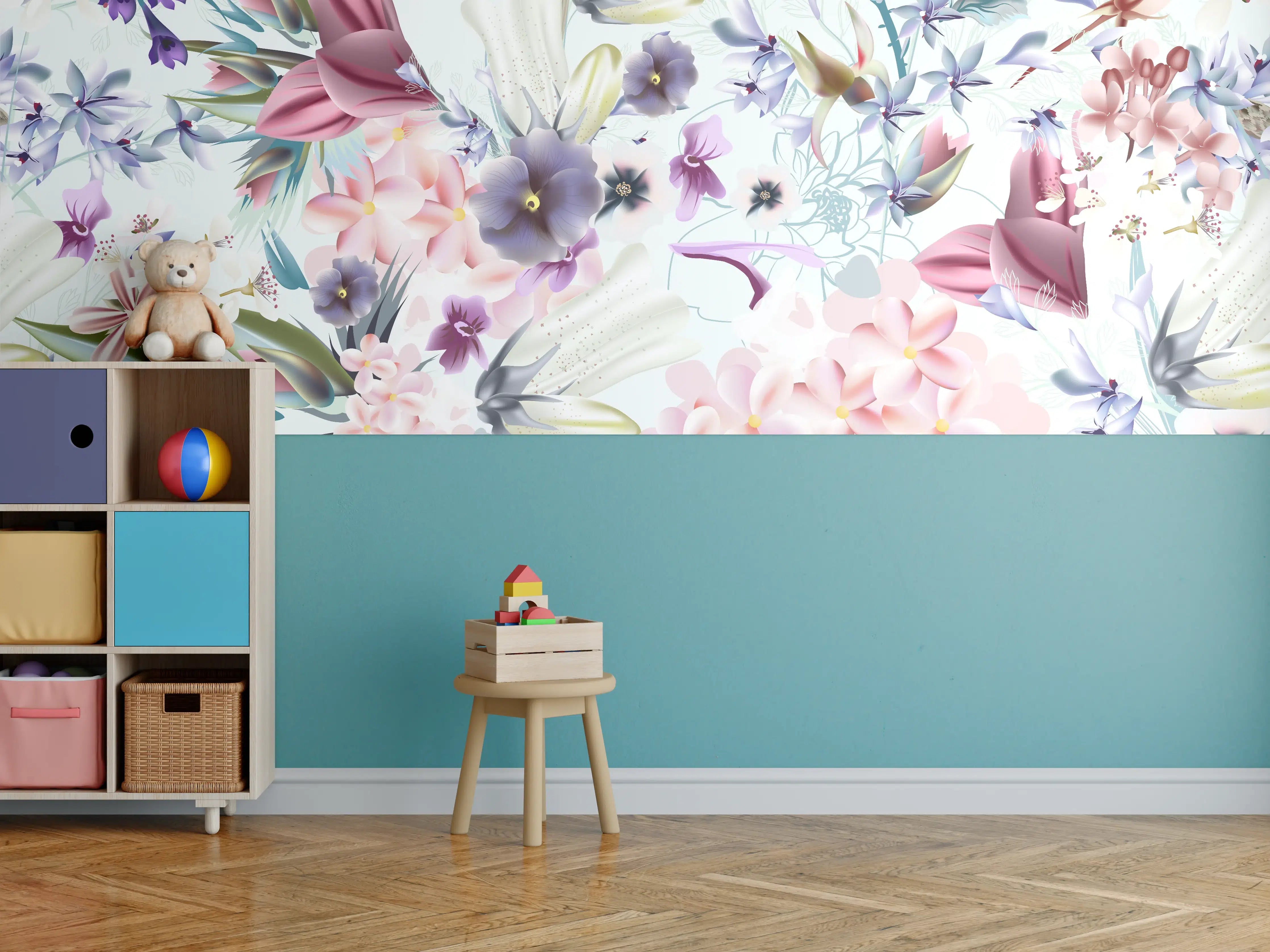 Kinderzimmer Wandgestaltung - 'Helle Blumenmuster in Pastellfarben mit zarten Graunuancen'
