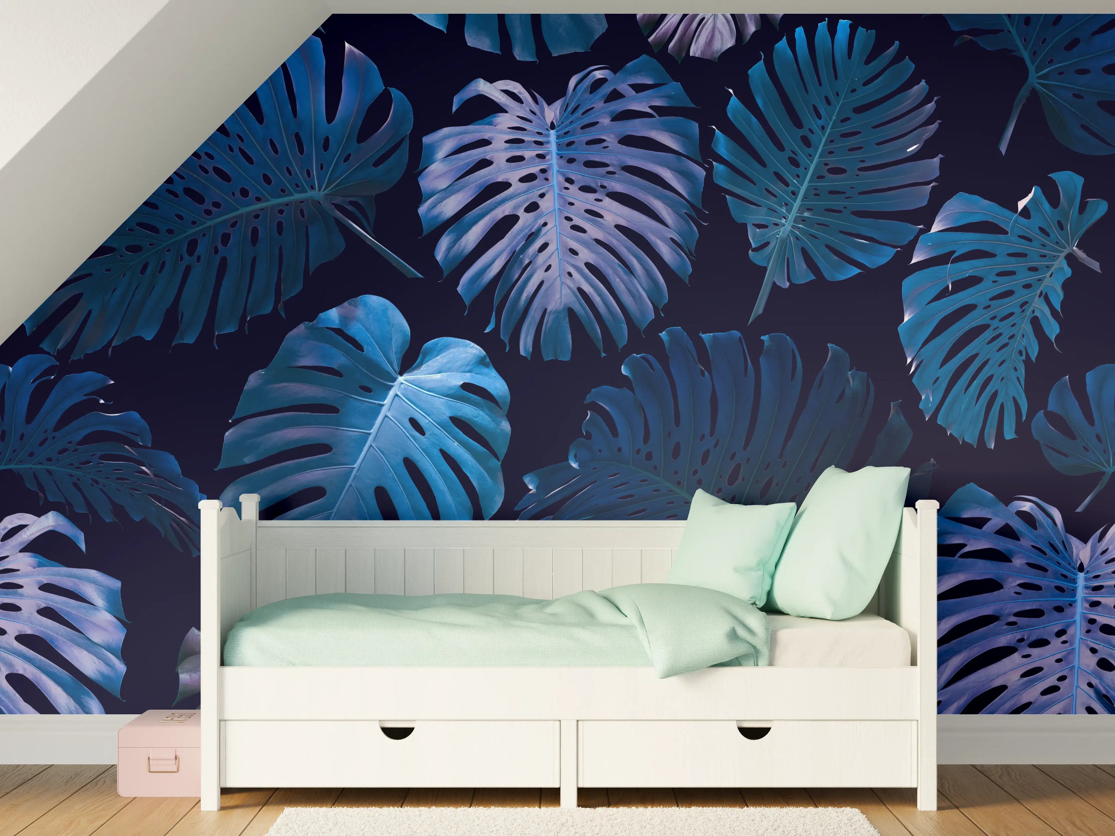 Kinderzimmer Wandgestaltung - bläuliche Dschungel Blätter 