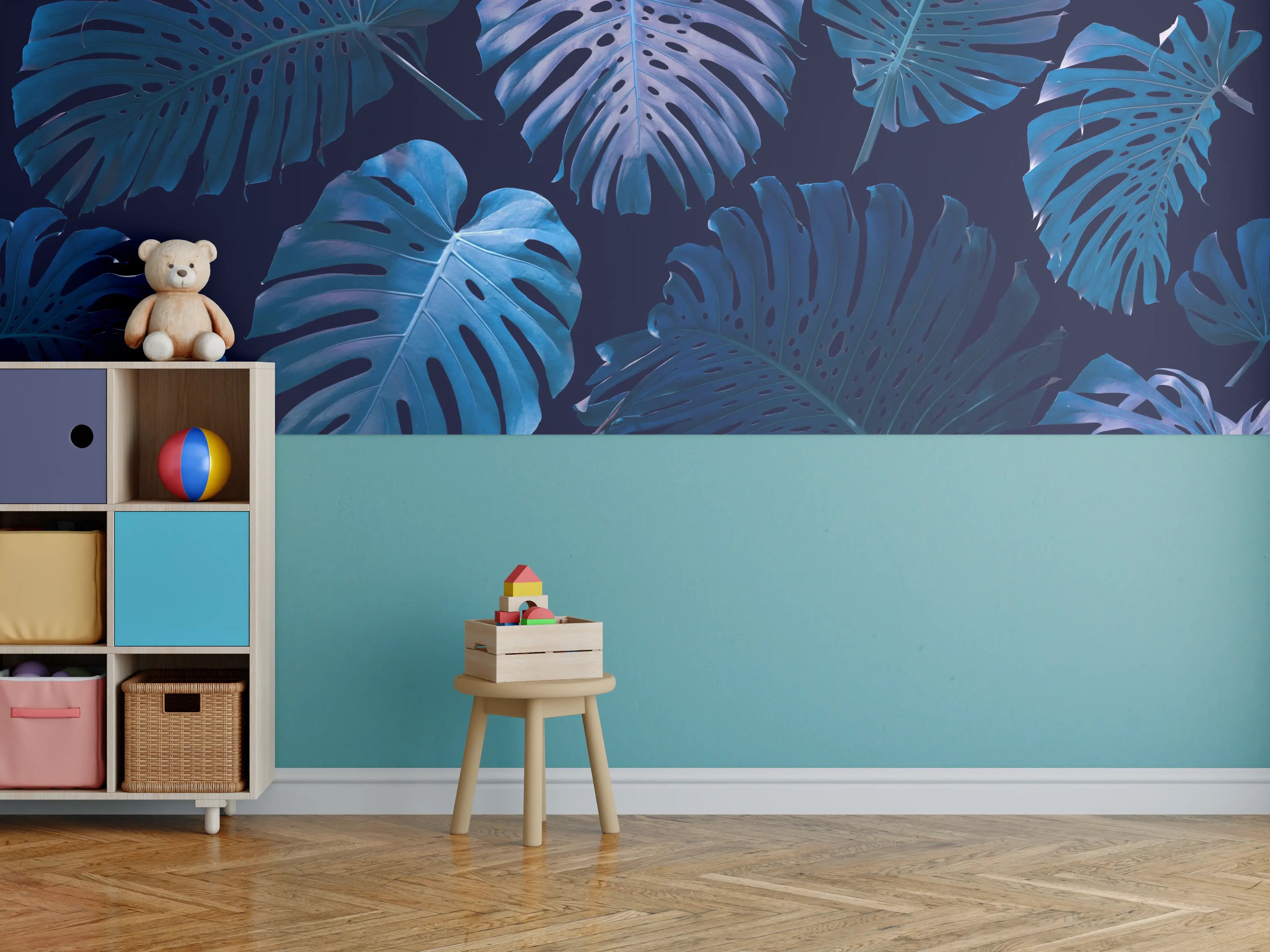 Kinderzimmer Wandgestaltung - bläuliche Dschungel Blätter 