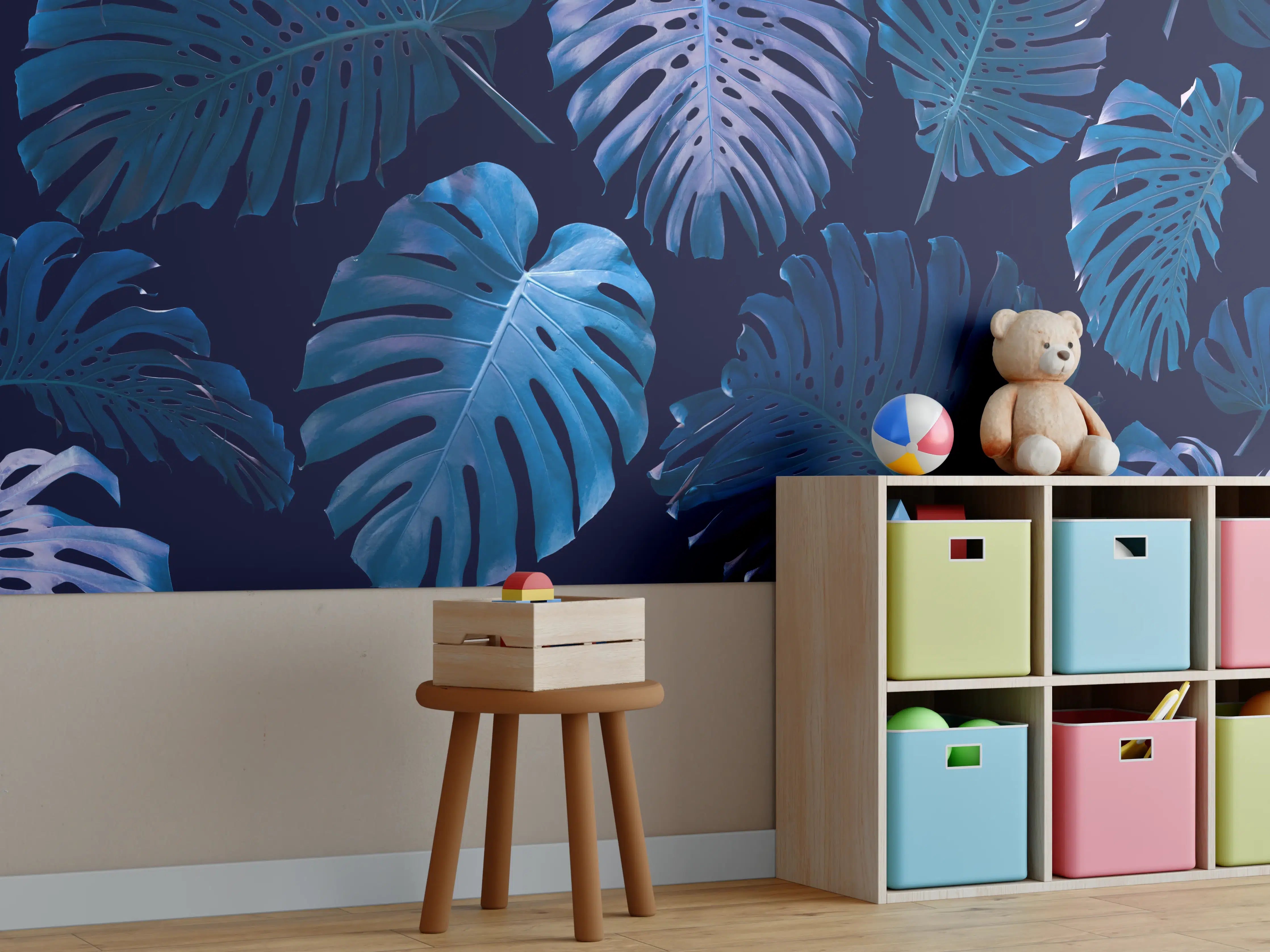 Kinderzimmer Wandgestaltung - bläuliche Dschungel Blätter 