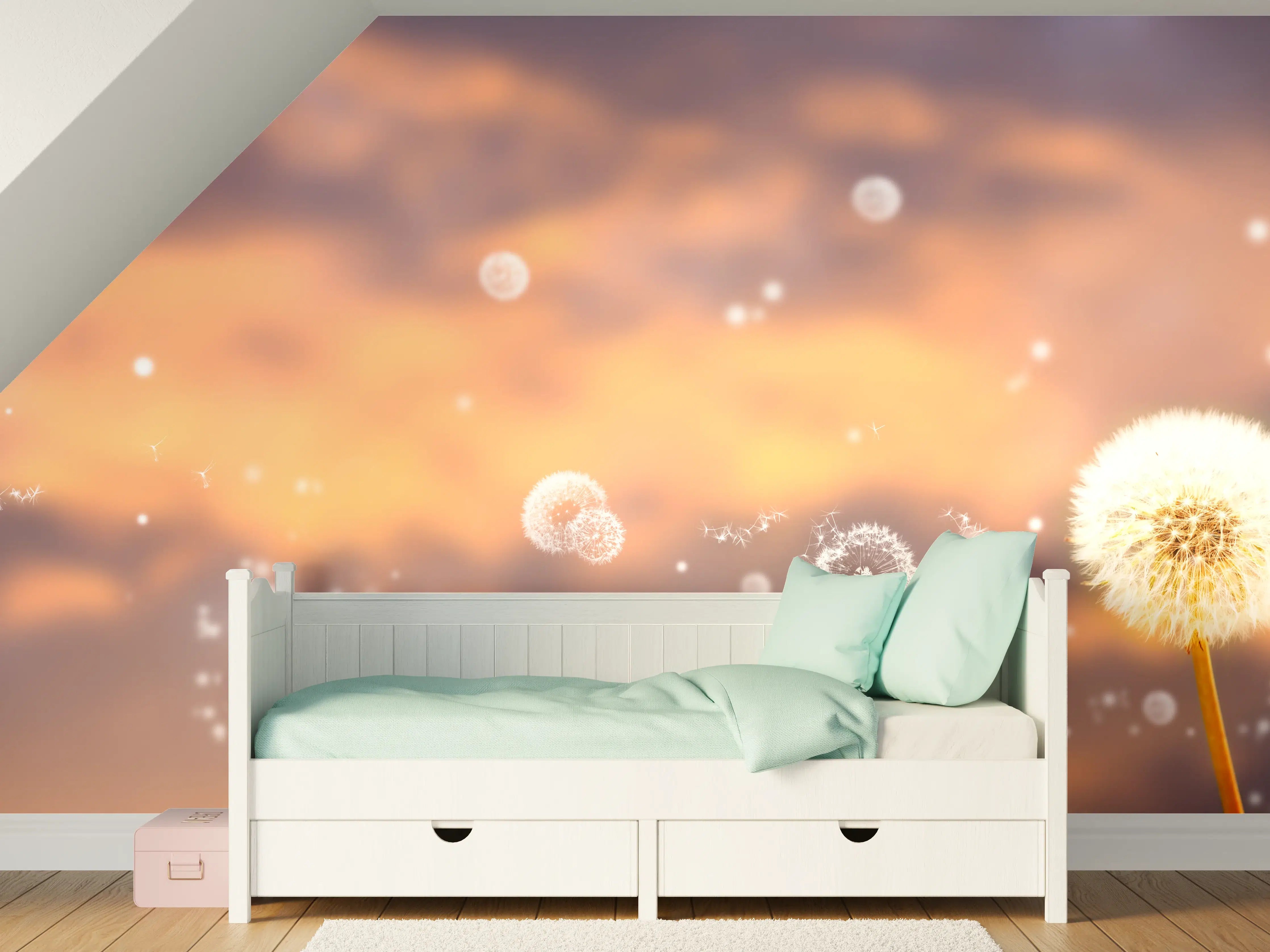 Kinderzimmer Wandgestaltung - blütenstaub von pusteblumen in der abendsonne