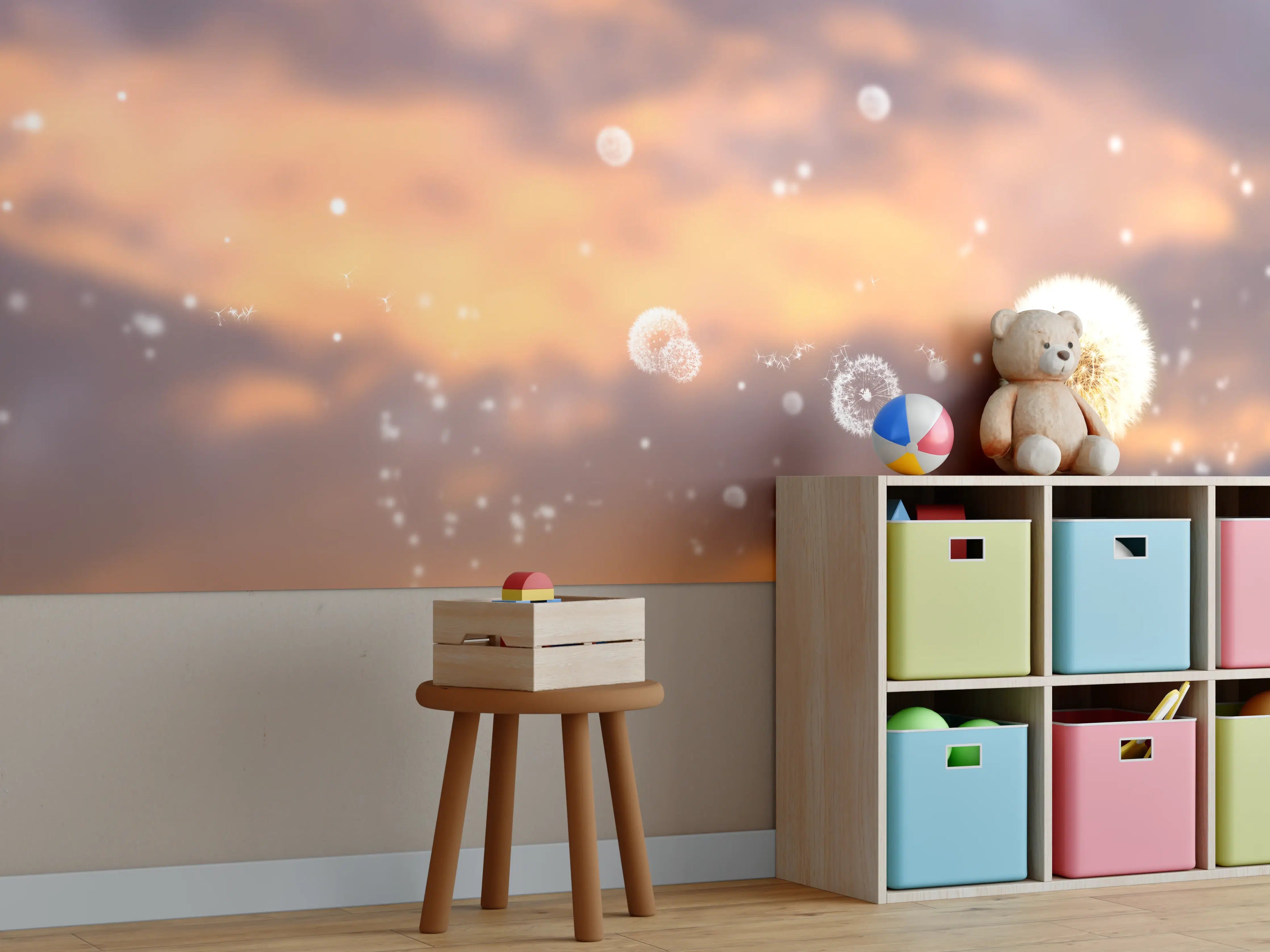 Kinderzimmer Wandgestaltung - blütenstaub von pusteblumen in der abendsonne