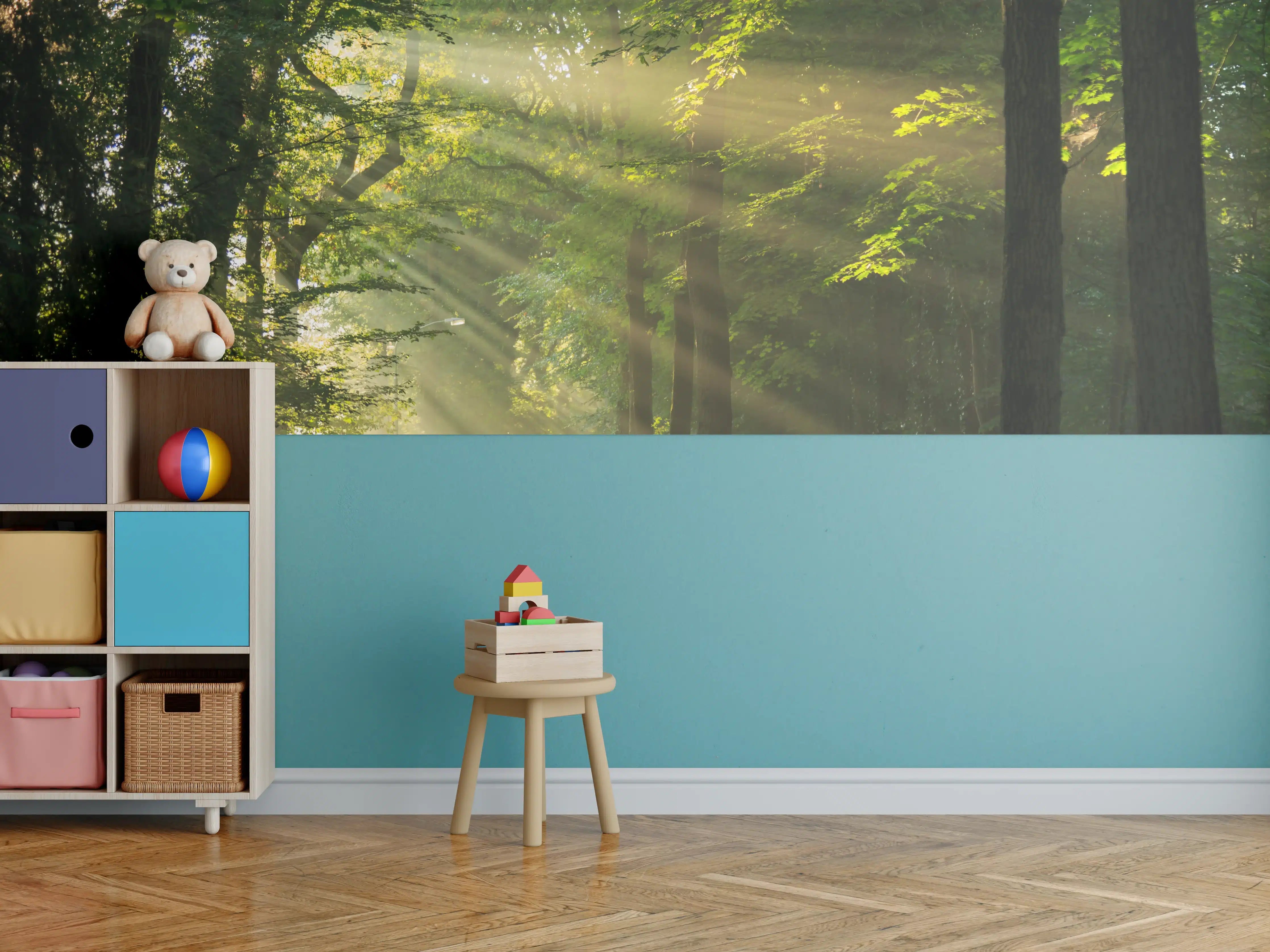 Kinderzimmer Wandgestaltung - erleuchtende Sonnenstrahlen in den Wald 