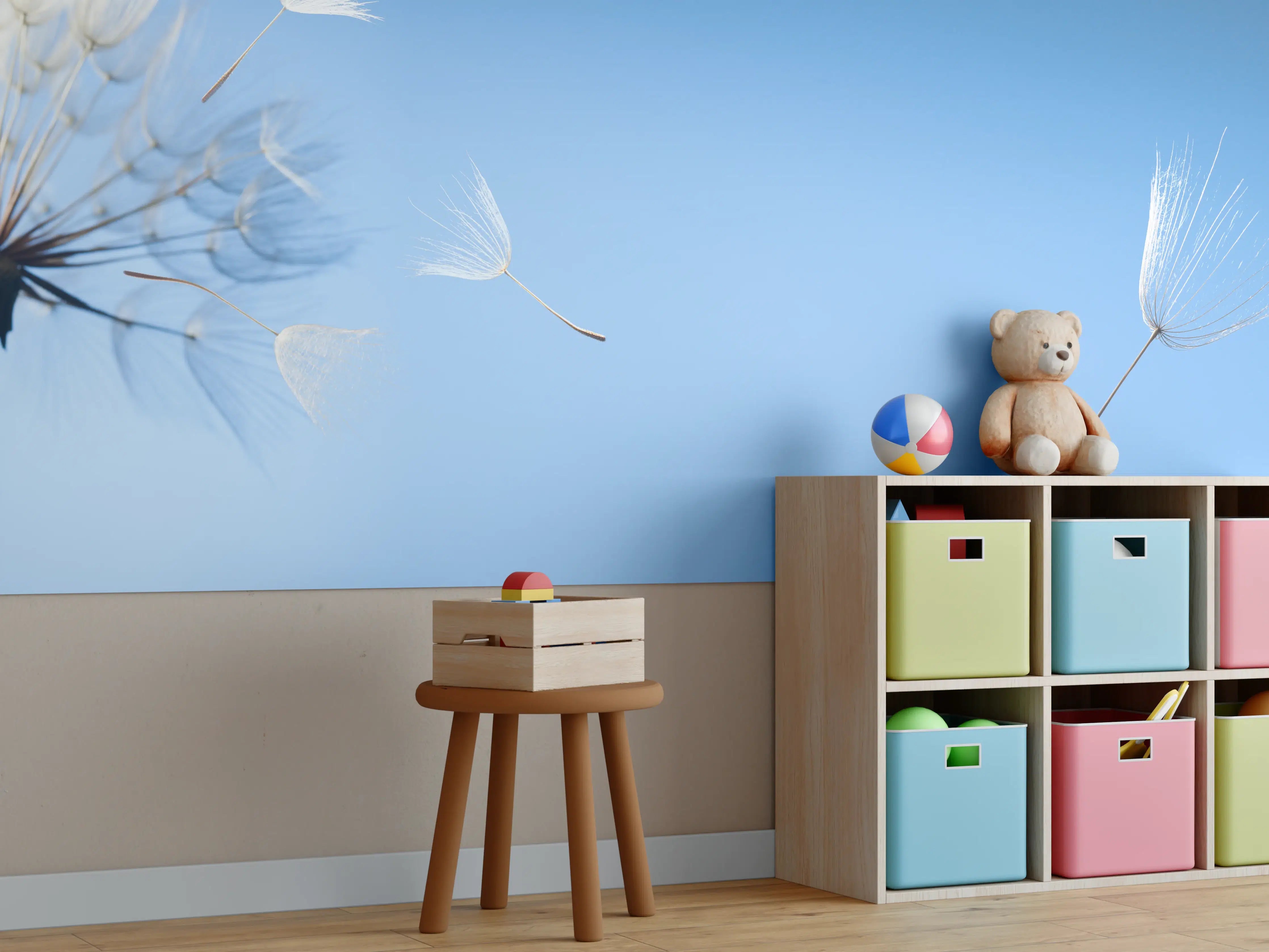 Kinderzimmer Wandgestaltung - fliegende Löwenzahnsamen im Wind