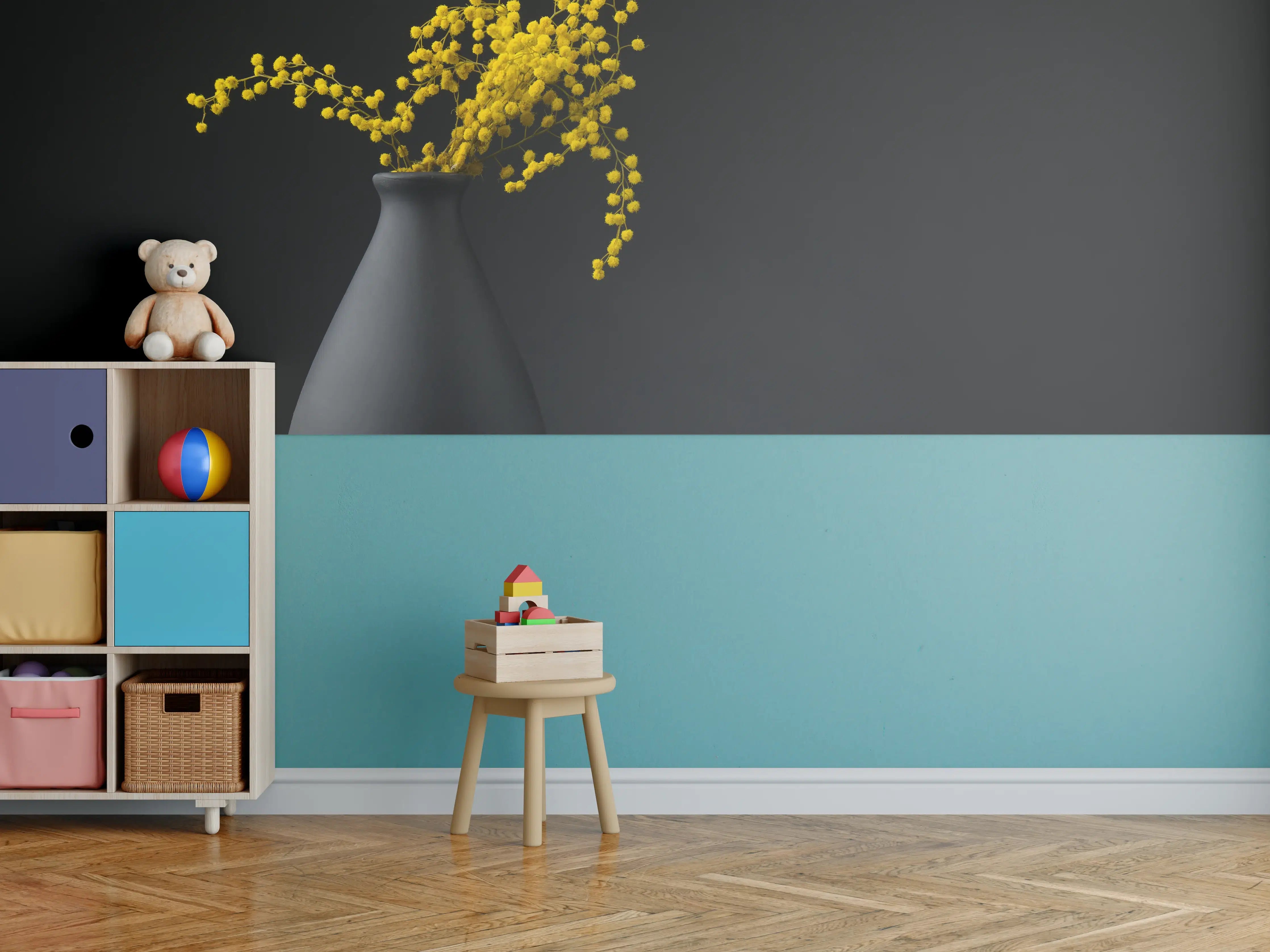 Kinderzimmer Wandgestaltung - gelbe Blume auf der gräulichen Vase