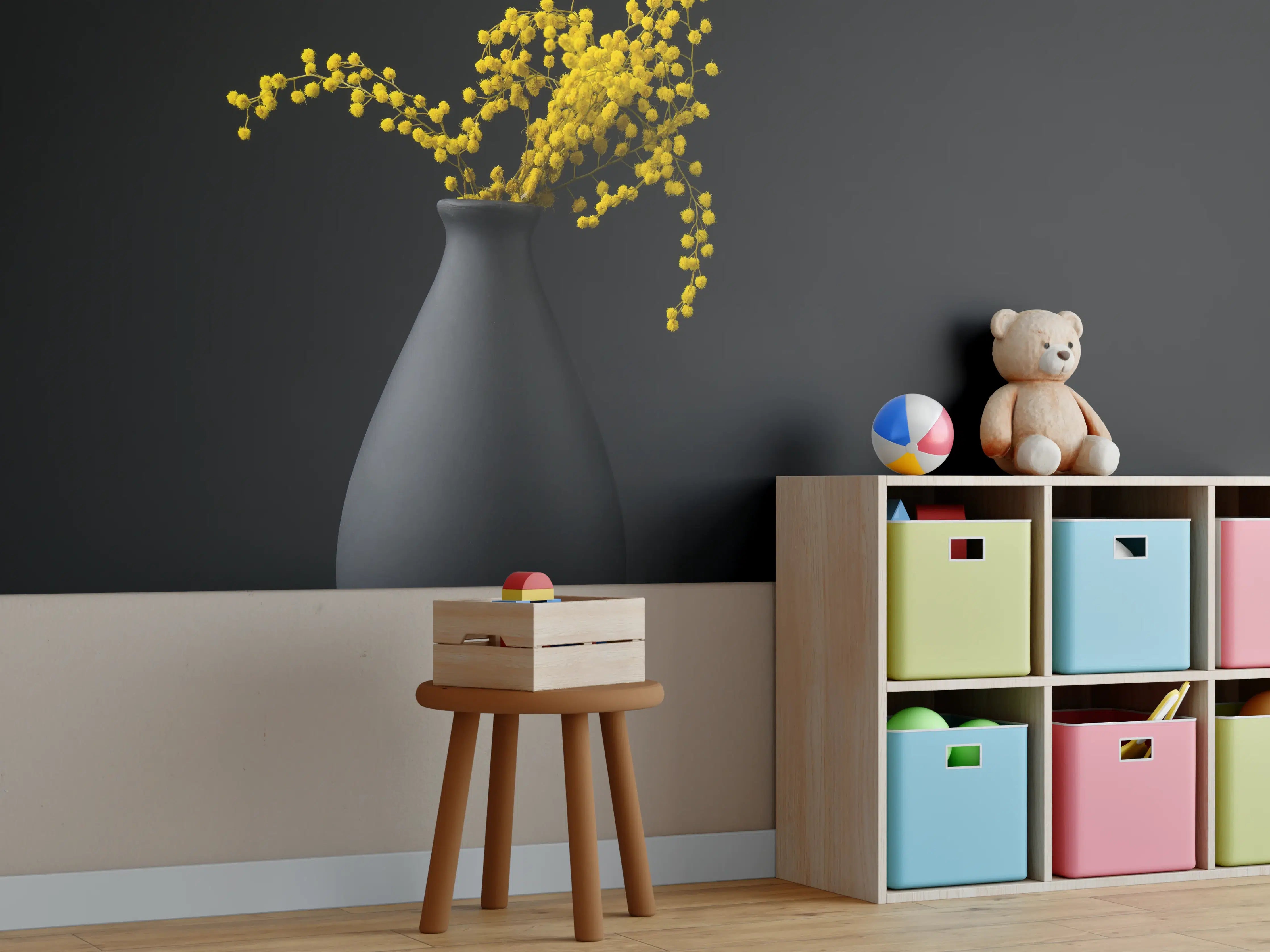 Kinderzimmer Wandgestaltung - gelbe Blume auf der gräulichen Vase