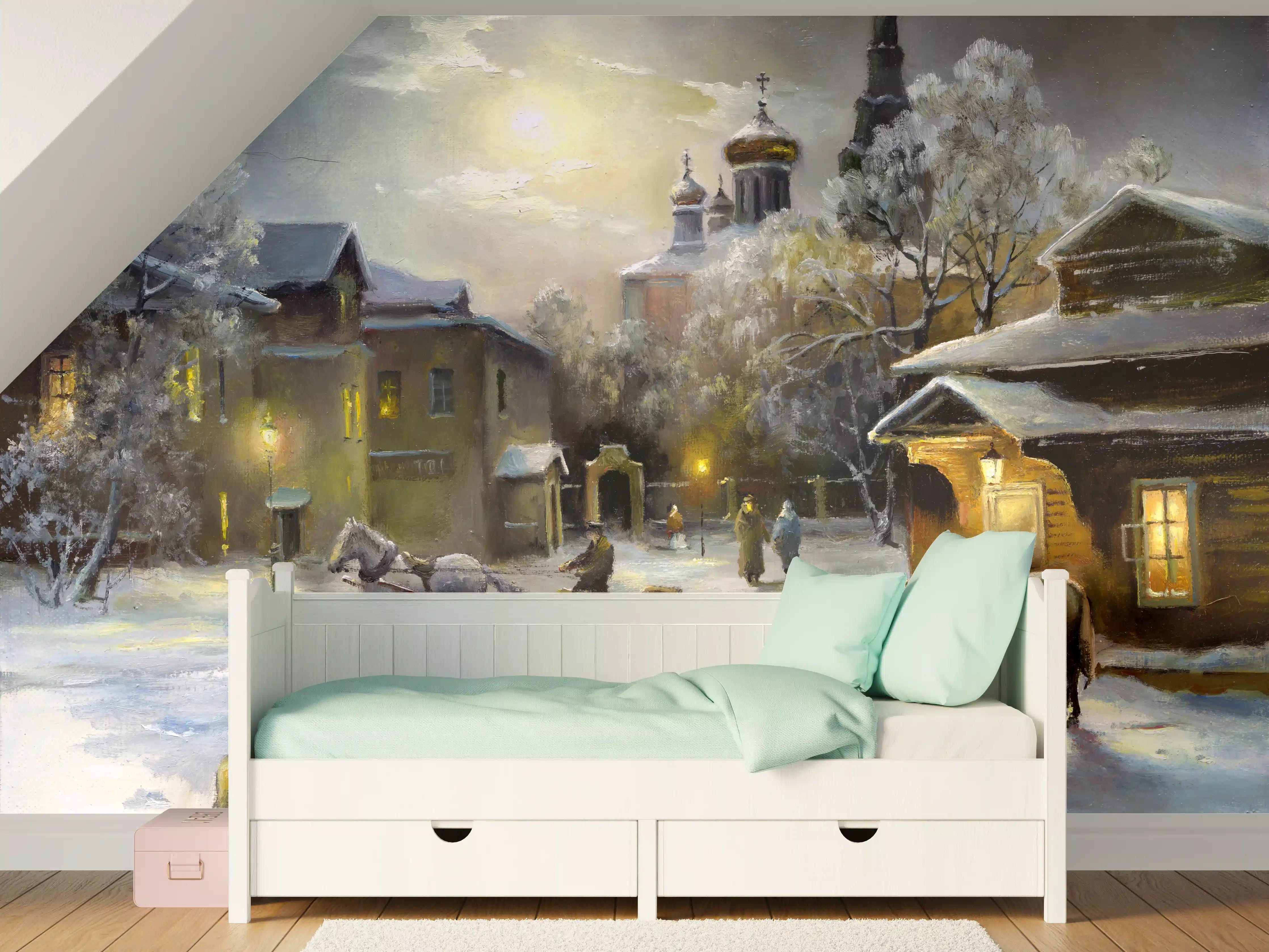 Kinderzimmer Wandgestaltung - ländliches Dorf im Winter 
