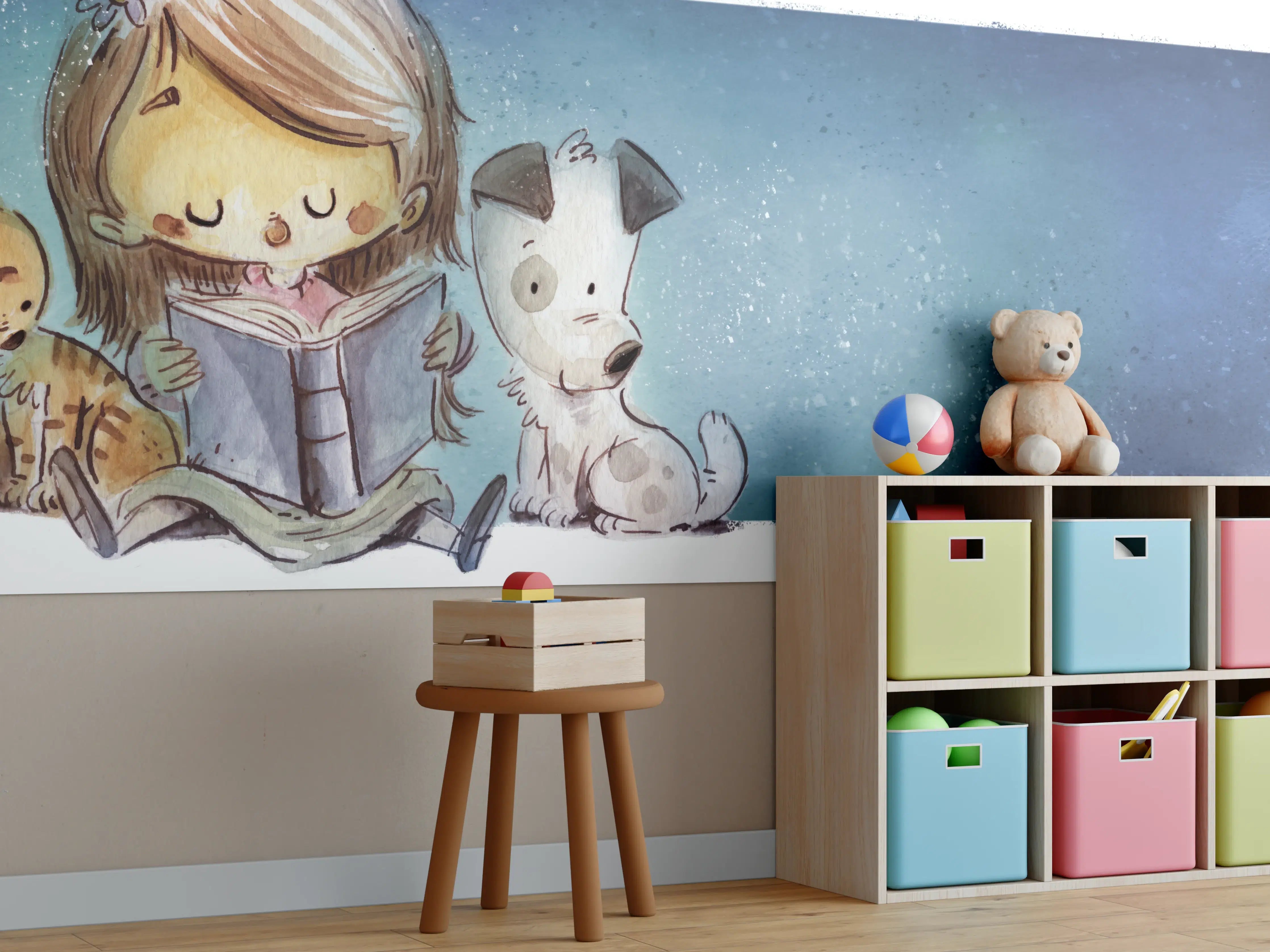 Kinderzimmer Wandgestaltung - lesendes Mädchen mit Hund und Katze