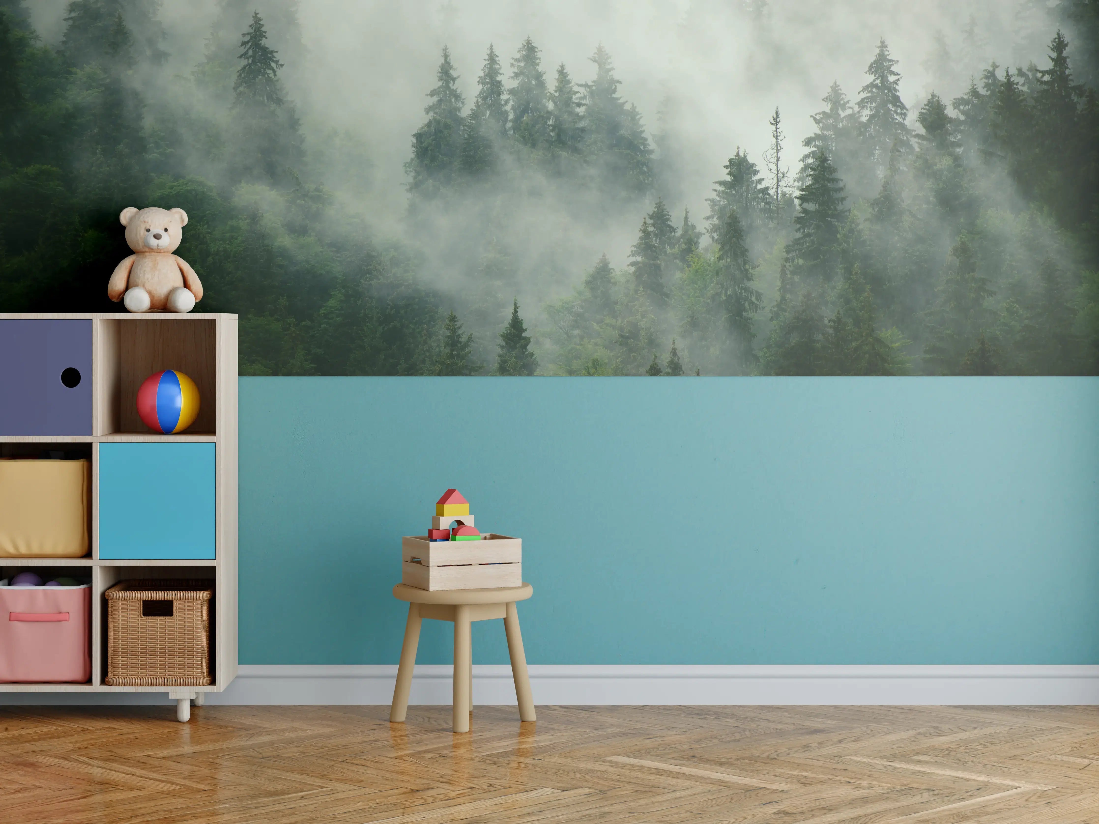 Kinderzimmer Wandgestaltung - neblige Waldlandschaft