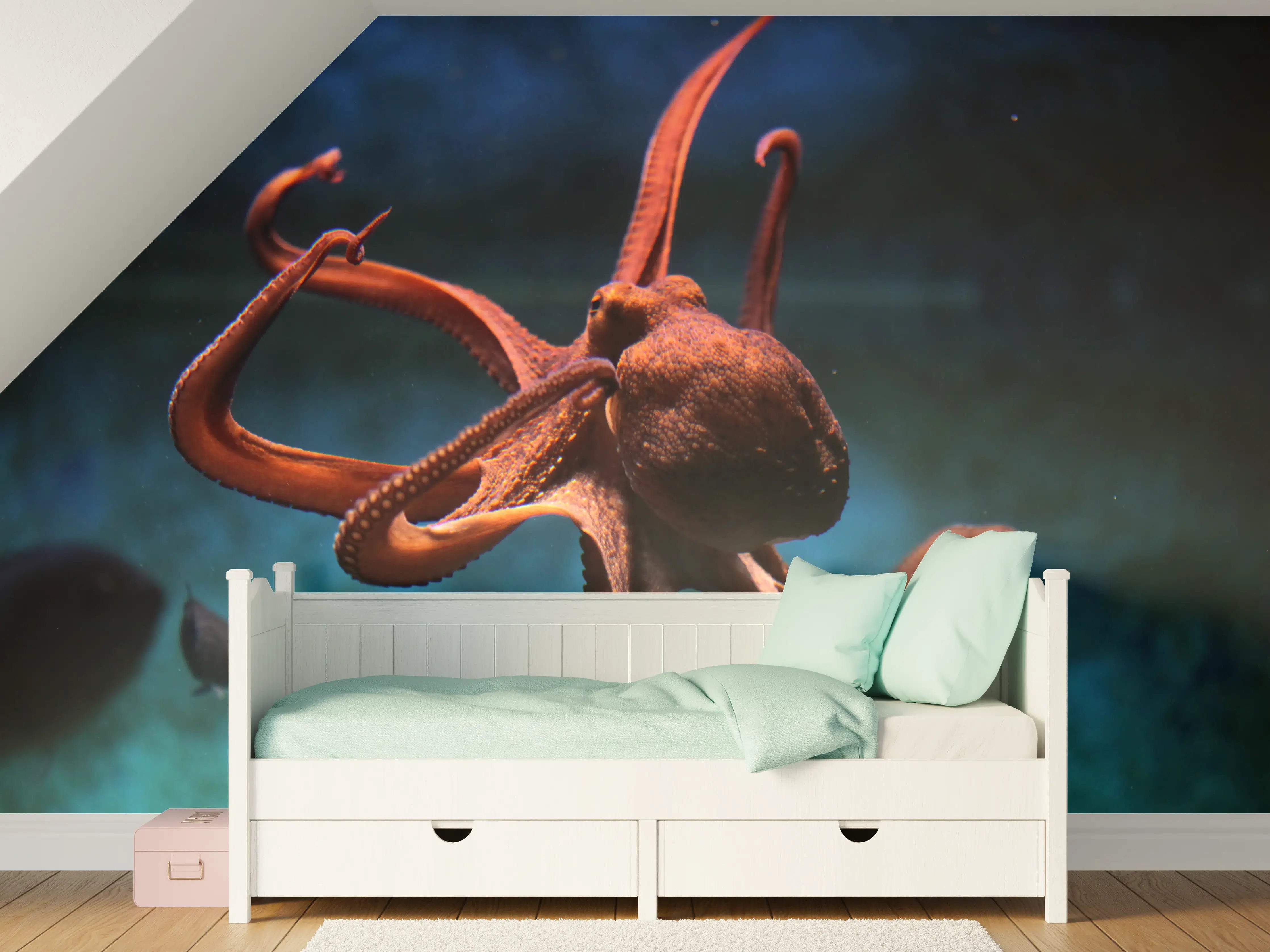 Kinderzimmer Wandgestaltung - rötlicher Oktopus Unterwasser 