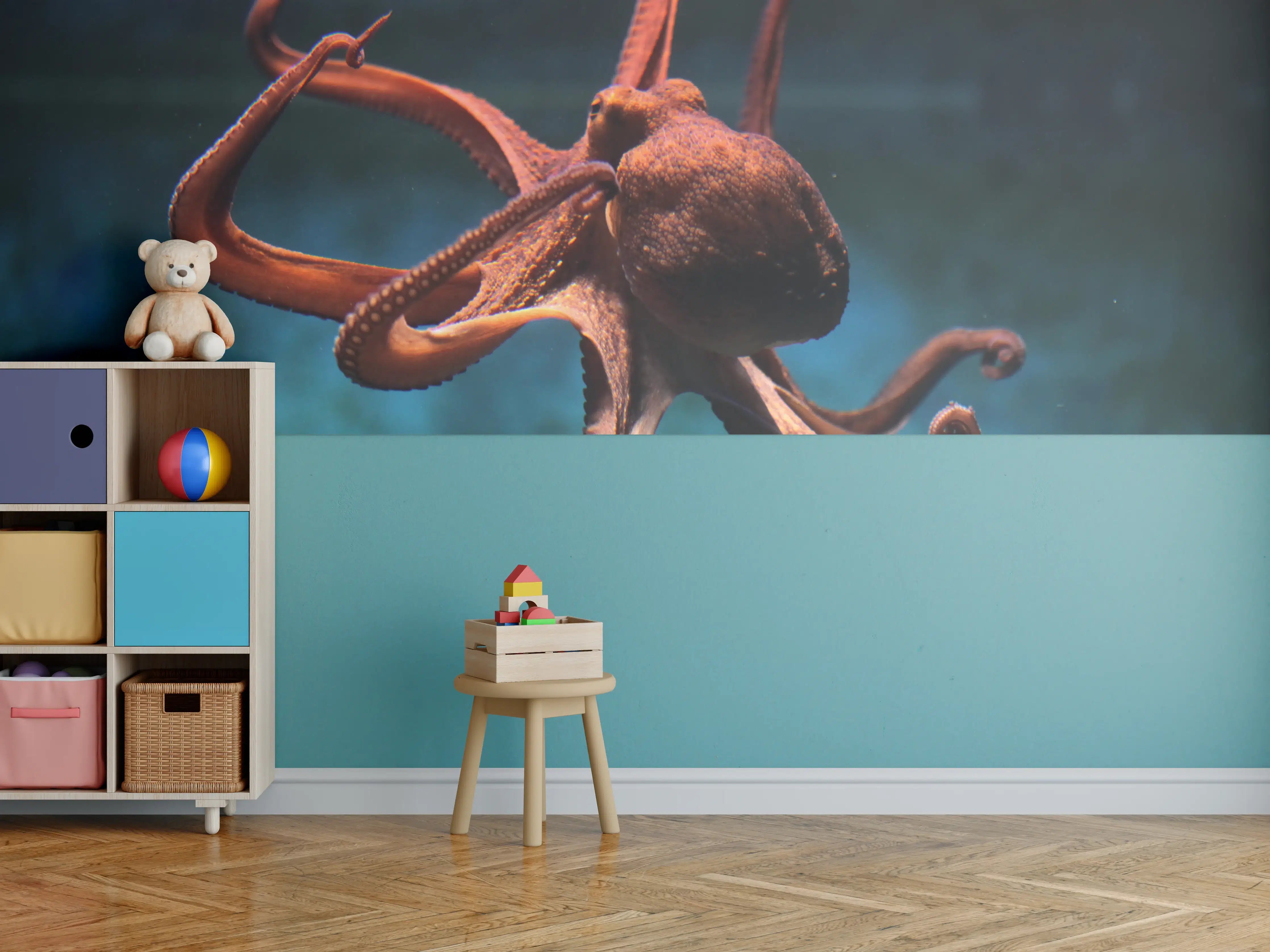 Kinderzimmer Wandgestaltung - rötlicher Oktopus Unterwasser 